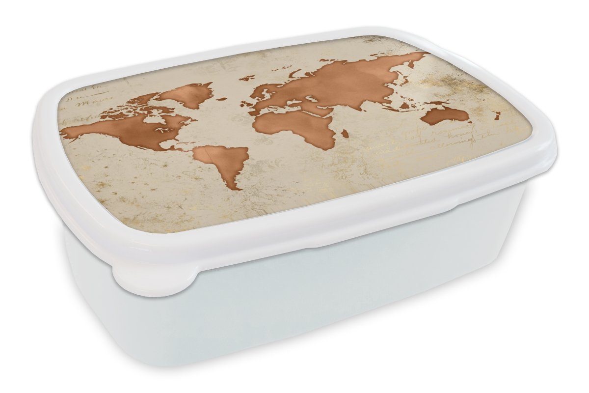 MuchoWow Lunchbox Weltkarte - Papyrus - Kupfer, Kunststoff, (2-tlg), Brotbox für Kinder und Erwachsene, Brotdose, für Jungs und Mädchen weiß