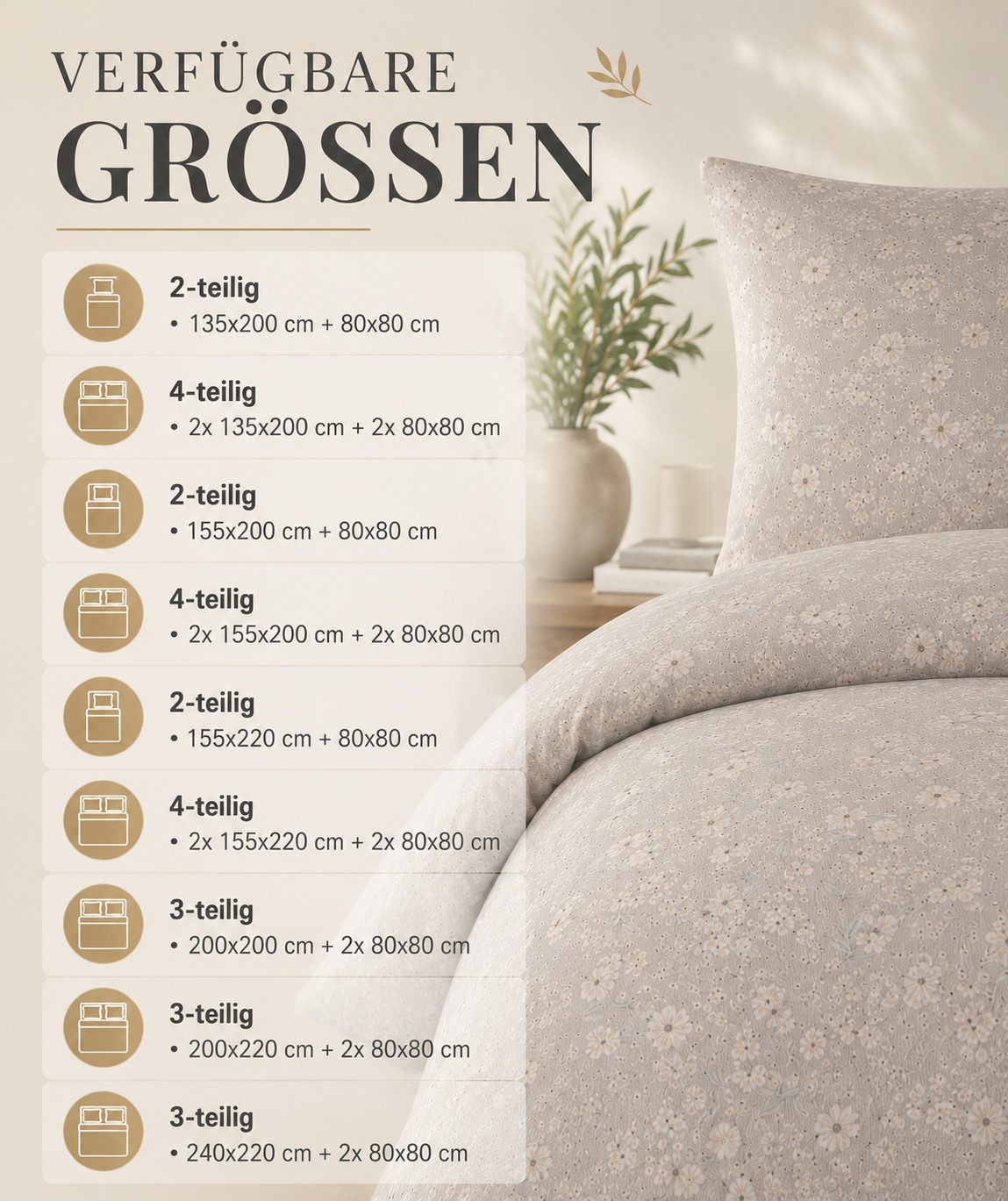 Leonado Vicenti Wendebettwäsche Set Baumwollmischung Beige Natur Blumen, Renforcé, 2 teilig, mit verdecktem Reißverschluss, Wendebettwäsche – Bild 4 von 5
