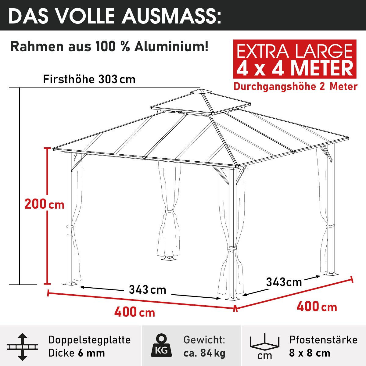 BRAST Pavillon Aluminium Pagode 4x4m inkl. Moskitonetz / LEDs, festes Dach wasserdicht UV-Schutz