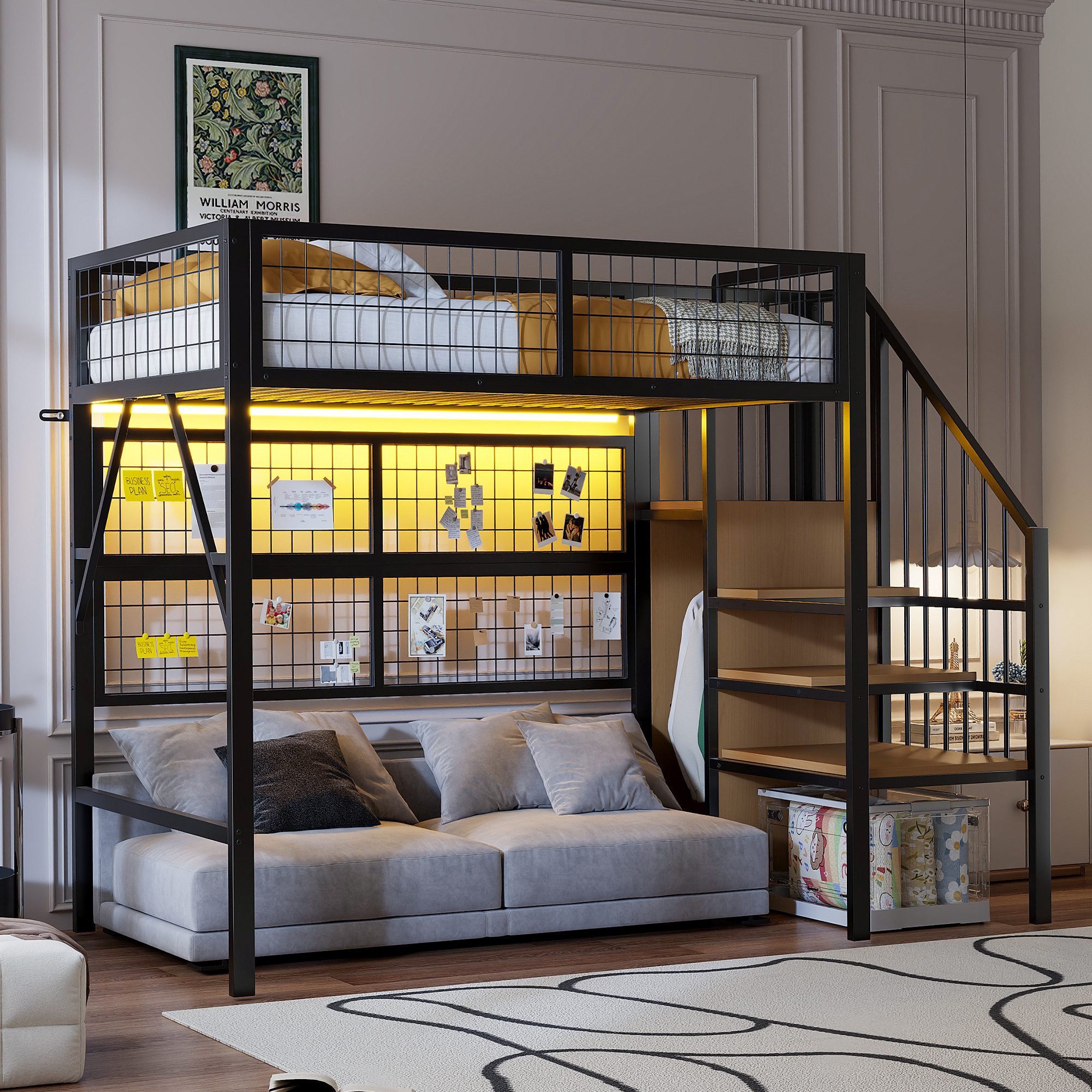 Merax Hochbett (Kinderbett Jugendbett Eisenbett, 1-St., App-gesteuerte LED-Leuchten) Metallbett 90x200cm mit LED Stauraumtreppe Kleiderschrank Gitter