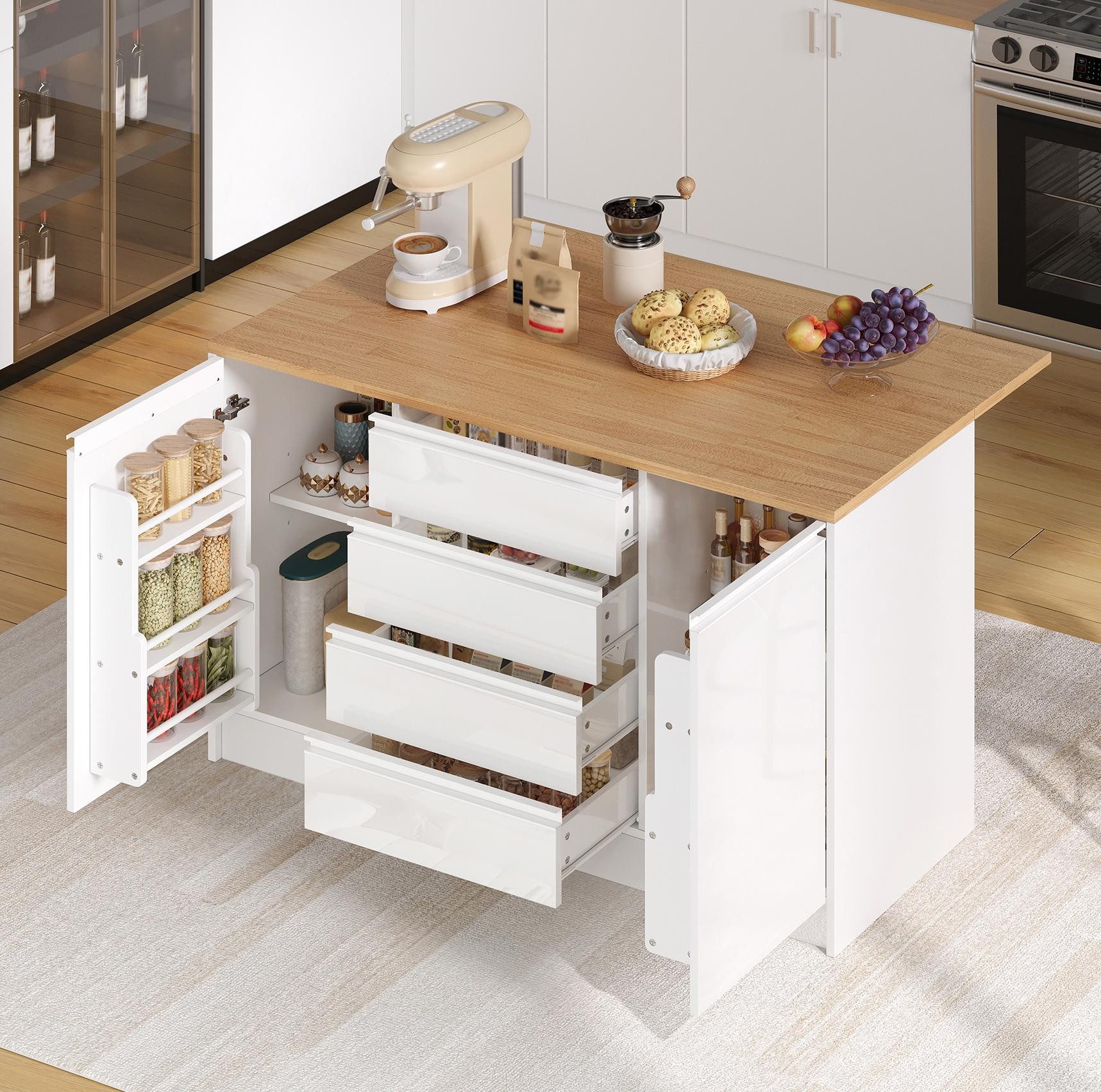 HAUSS SPOLE Kücheninsel Ausziehbar küchenwagen mit Schubladen,Küchenschrank mit Hochglanz,Weiß, (Hochglanz-Buffetschrank Aufbewahrungsschrank mit Schubladen und Türregalen), Ausziehbare Arbeitsplatte und Verstellbare Einlegeböden