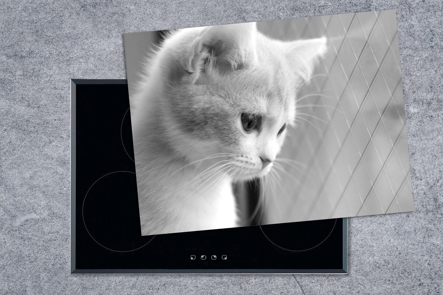 und weiß, cm, tlg), Herdblende-/Abdeckplatte Kätzchen am Fenster (1 70x52 Vinyl, schwarz - Arbeitsfläche MuchoWow nutzbar, Ceranfeldabdeckung Mobile
