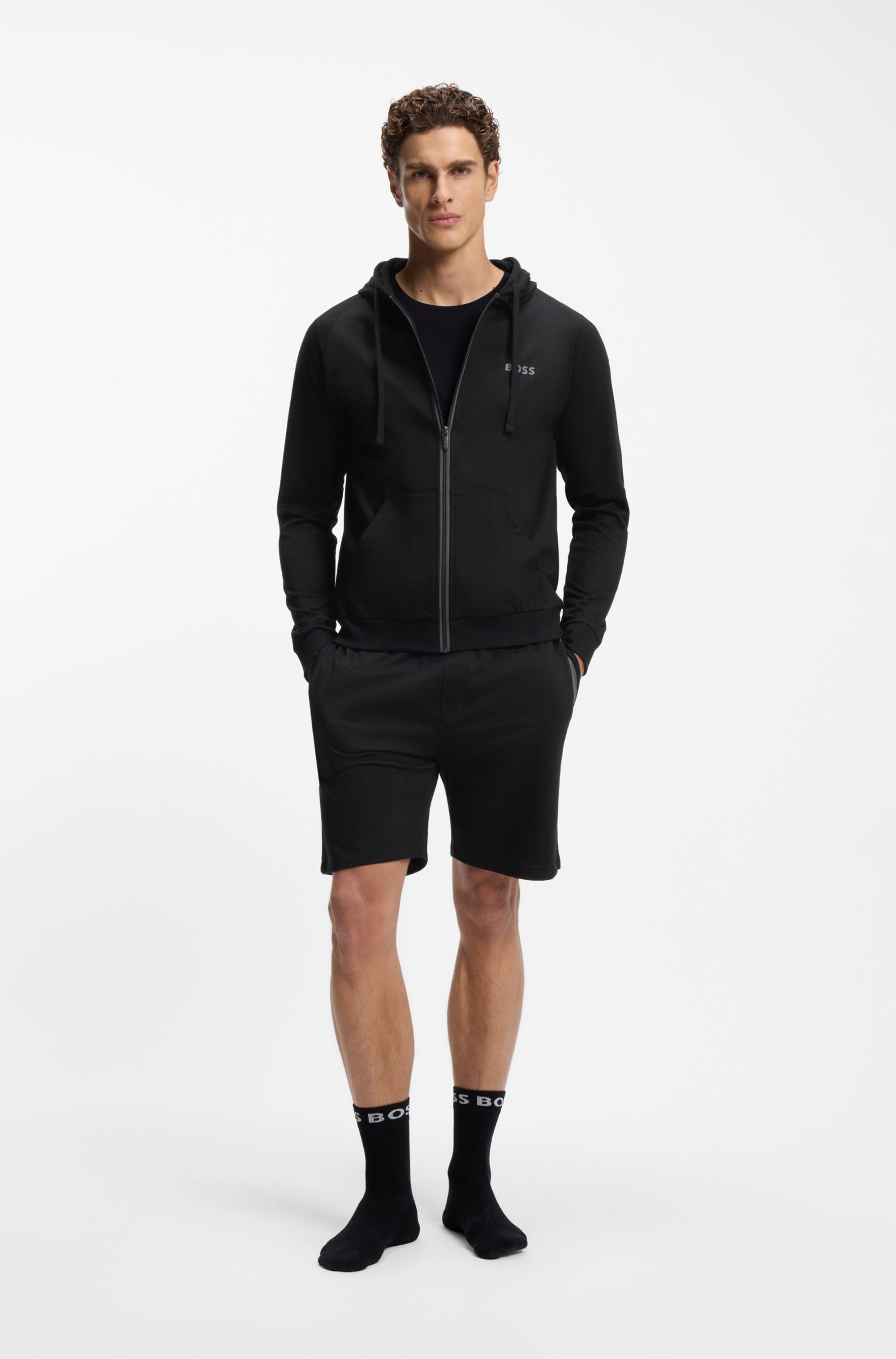 BOSS Kapuzensweatjacke Authentic aus Baumwoll-Terry mit kontrastfarbenem Reißverschluss