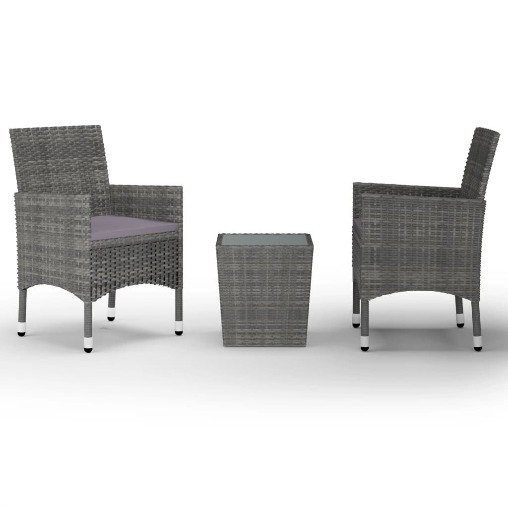 vidaXL Gartenlounge-Set 3-tlg. Bistro-Set Poly Rattan und Hartglas Grau, (1-tlg)