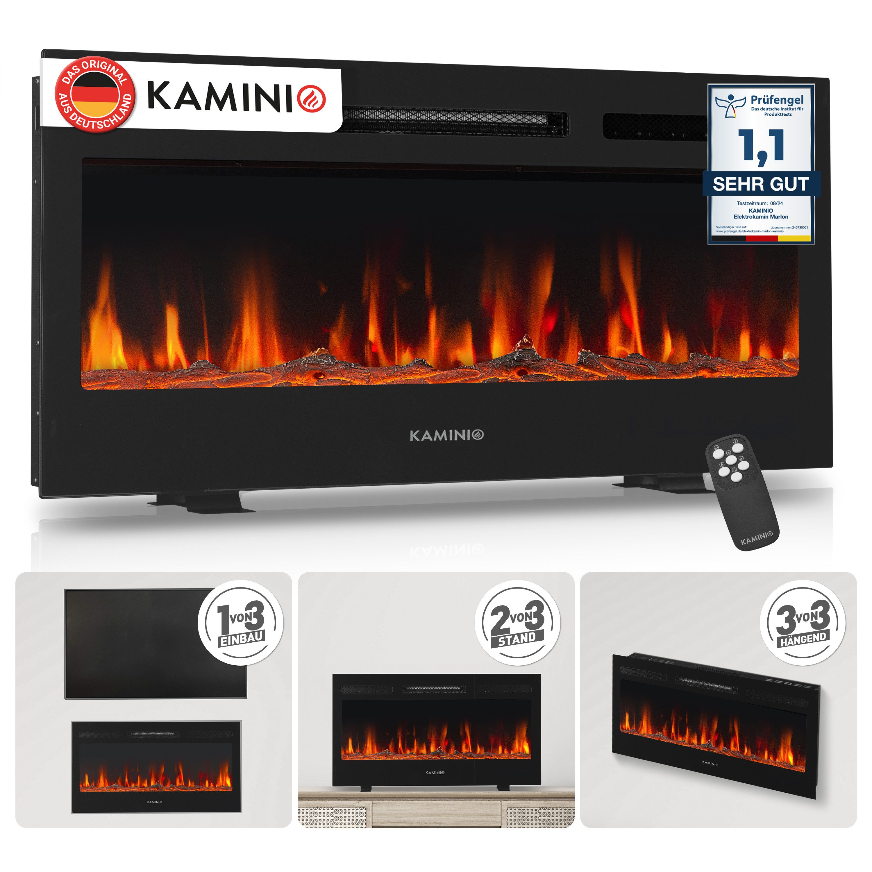 KAMINIO Elektrokamin MARLON, 3in1 Kamin: Elektrischer Stand-, Wand- und Einbaukamin, Heizung 1800W