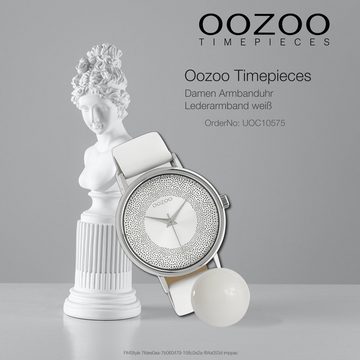 OOZOO Quarzuhr Oozoo Damen Armbanduhr weiß Analog, Damenuhr rund, groß (ca. 42mm) Lederarmband, Elegant-Style