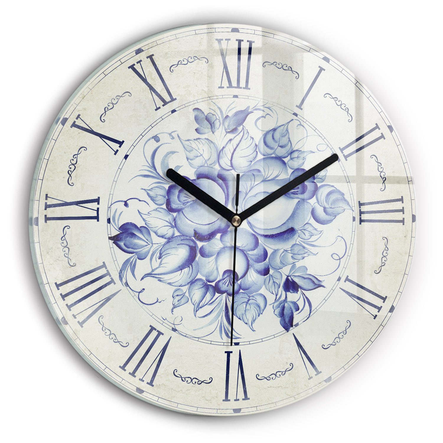 Tulup Wanduhr Glas Wanduhr Mit Motiv Blaue Blumen Wanduhr Aus Glas Glas Wanduhr