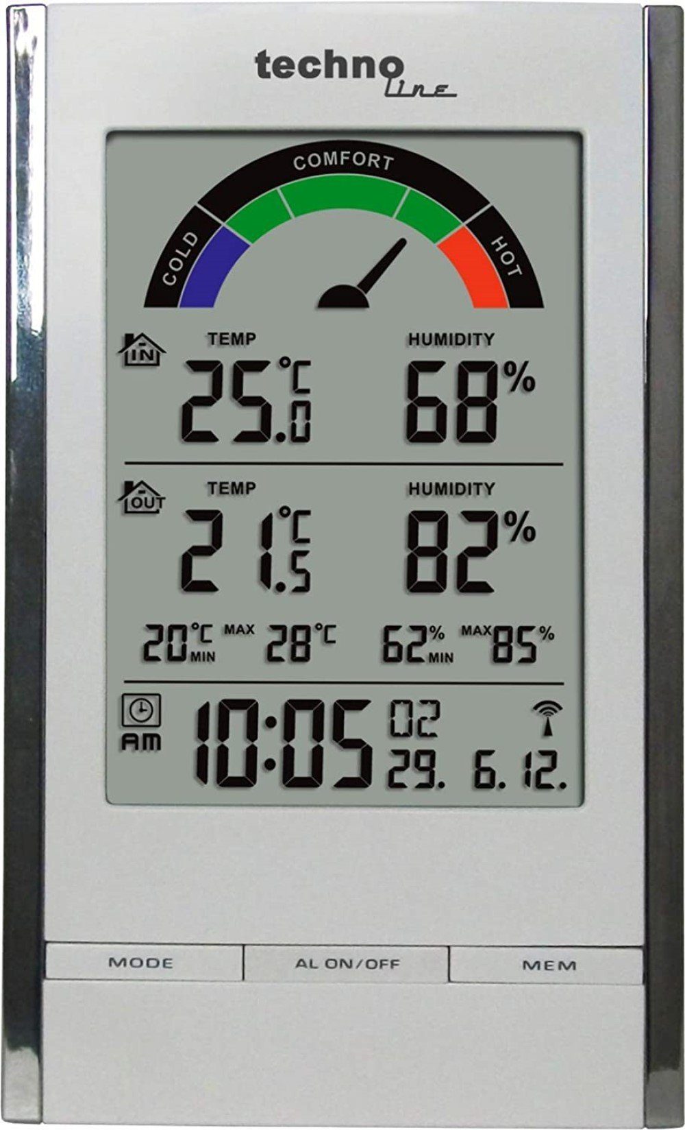 technoline WS 9480 Wetterstation (moderne Temperaturstation mit Funkuhr,  Innen- und Außentemperaturanzeige, sowie Innen und Außenluftfeuchteanzeige  und farbige Komfortanzeige, hochglanz- weiß-chrom)