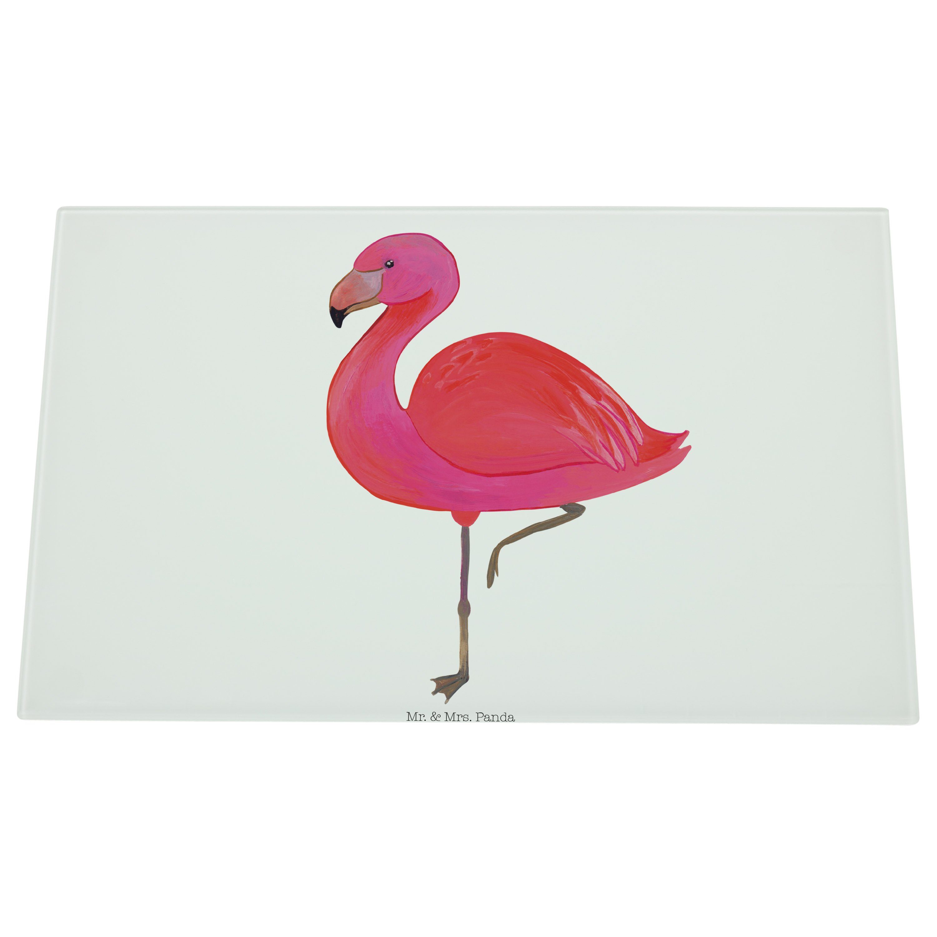 Flamingo glücklich, - Weiß sto, Glasschneidebrett, Servierbrett - Panda Mr. Geschenk, classic & (1-St) Premium Glas, Mrs.