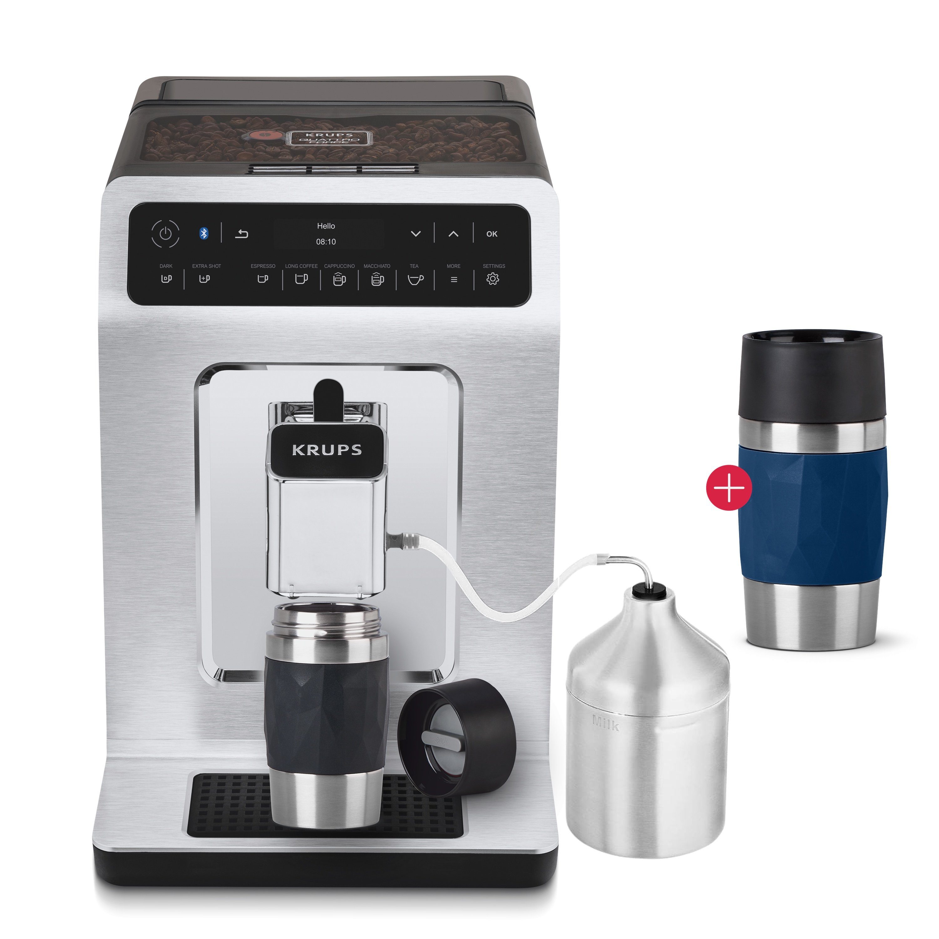 Krups Kaffeevollautomat EA894T Evidence Plus Kaffeegenuss in Perfektion Barista, Quattro Force Technologie + Emsa Travel Mug Compact dunkelblau 0,3l