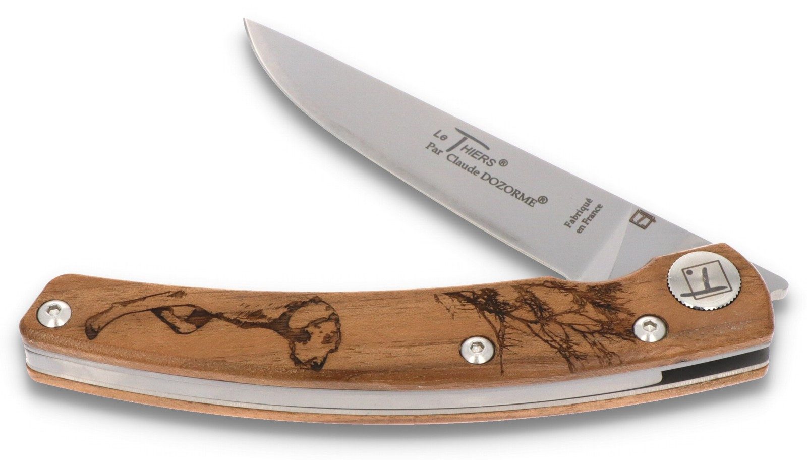 Claude Dozorme Taschenmesser 1.90.171.06CH, Le Thiers "Hund" - Griff 12.5 cm Nussbaum - LinerLock - Stahl matt