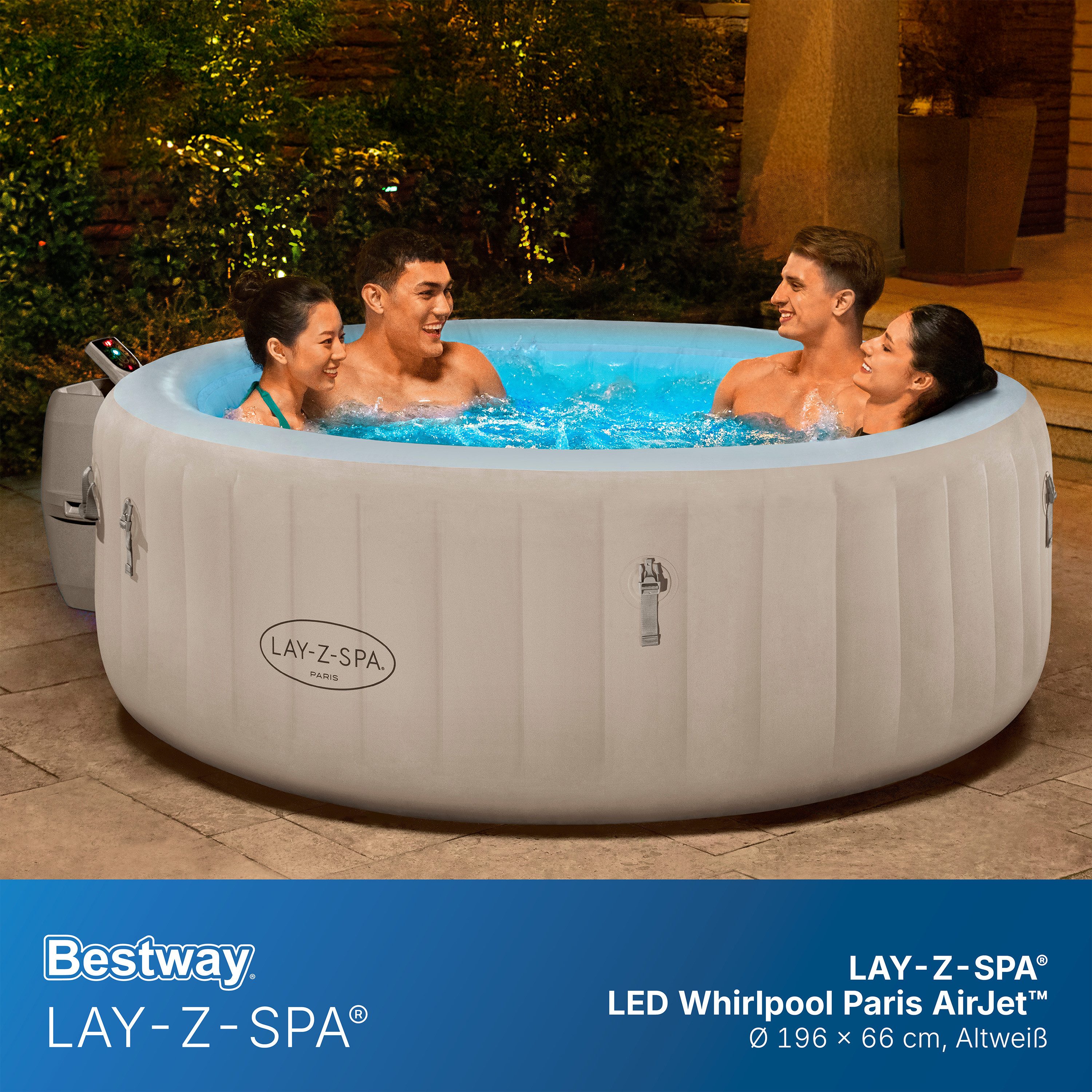 Bestway Whirlpool LAY-Z-SPA® Paris AirJet™, (Set, 1-tlg., Inkl. LED Beleuchtung, für max. 6 Personen), Ø 196 x 66 cm