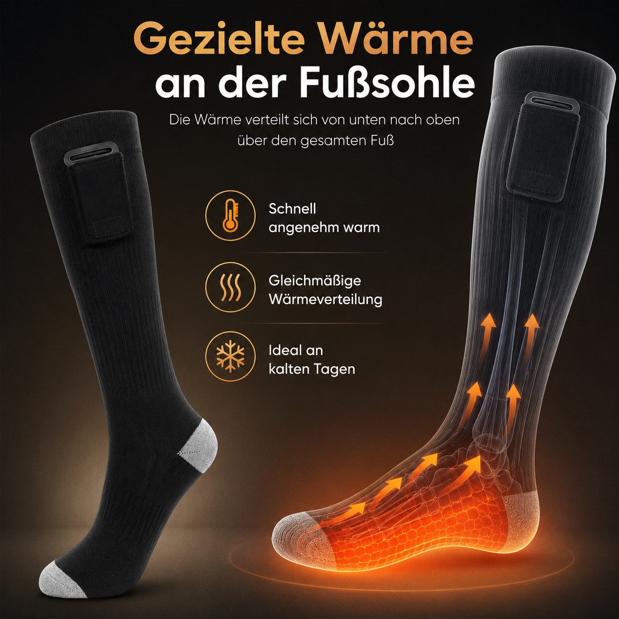 Goldstern-Tech Skisocken (Elektrisch beheizte Socken in Universalgröße, 1-Paar, 4000 mAh Akku je Socke) 3 Heizstufen, gezielte Fußsohlen-Wärme, Unisex & waschbar