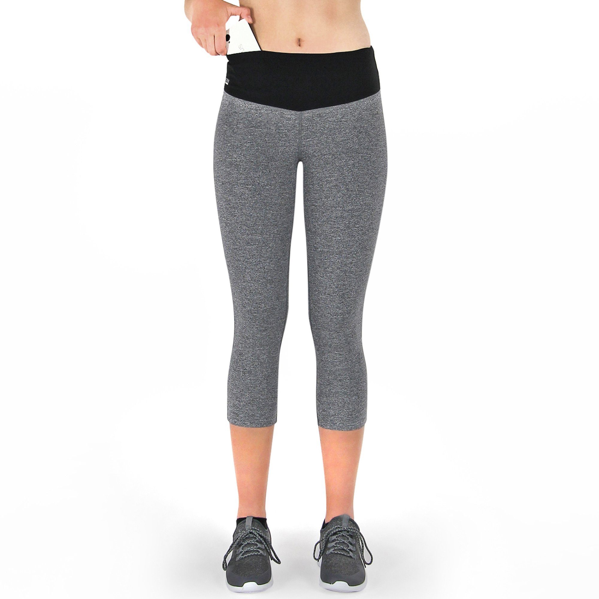 Formbelt Laufhose Damen 3/4 Capri Leggings mit Handytasche, hoher Bund & Quick Dry Damen 3/4 Sporthose blickdicht, hoher Bund, atmungsaktiv, Quick Dry