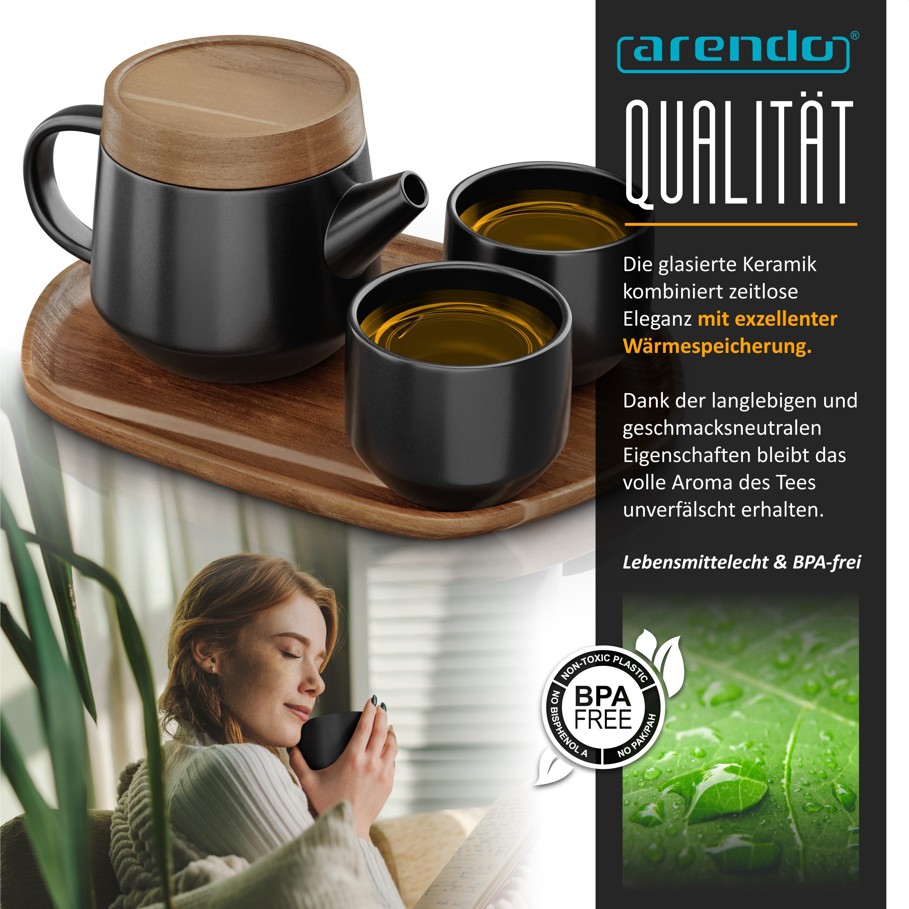 Arendo Teeservice Keramik Teekannen Set 0,6 L, modernes japanisches Design mit Teesieb (5-tlg), 2 Personen, Porzellan / Keramik, Porzellan, Teekanne mit Deckel  – Bild 4 von 5