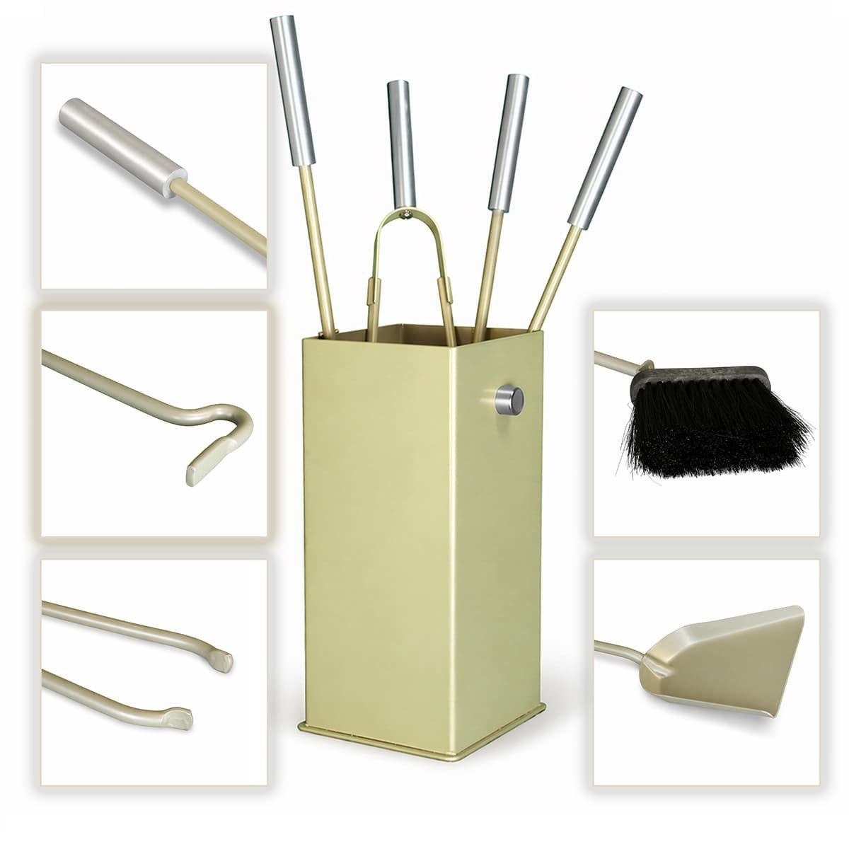 MS Beschläge Kamingarnitur Kaminbesteck Taupe 5-tlg. - eckiges Ofen- Kaminset, Design-Ofengarnitur mit Edelstahlgriffen - Kaminzubehör