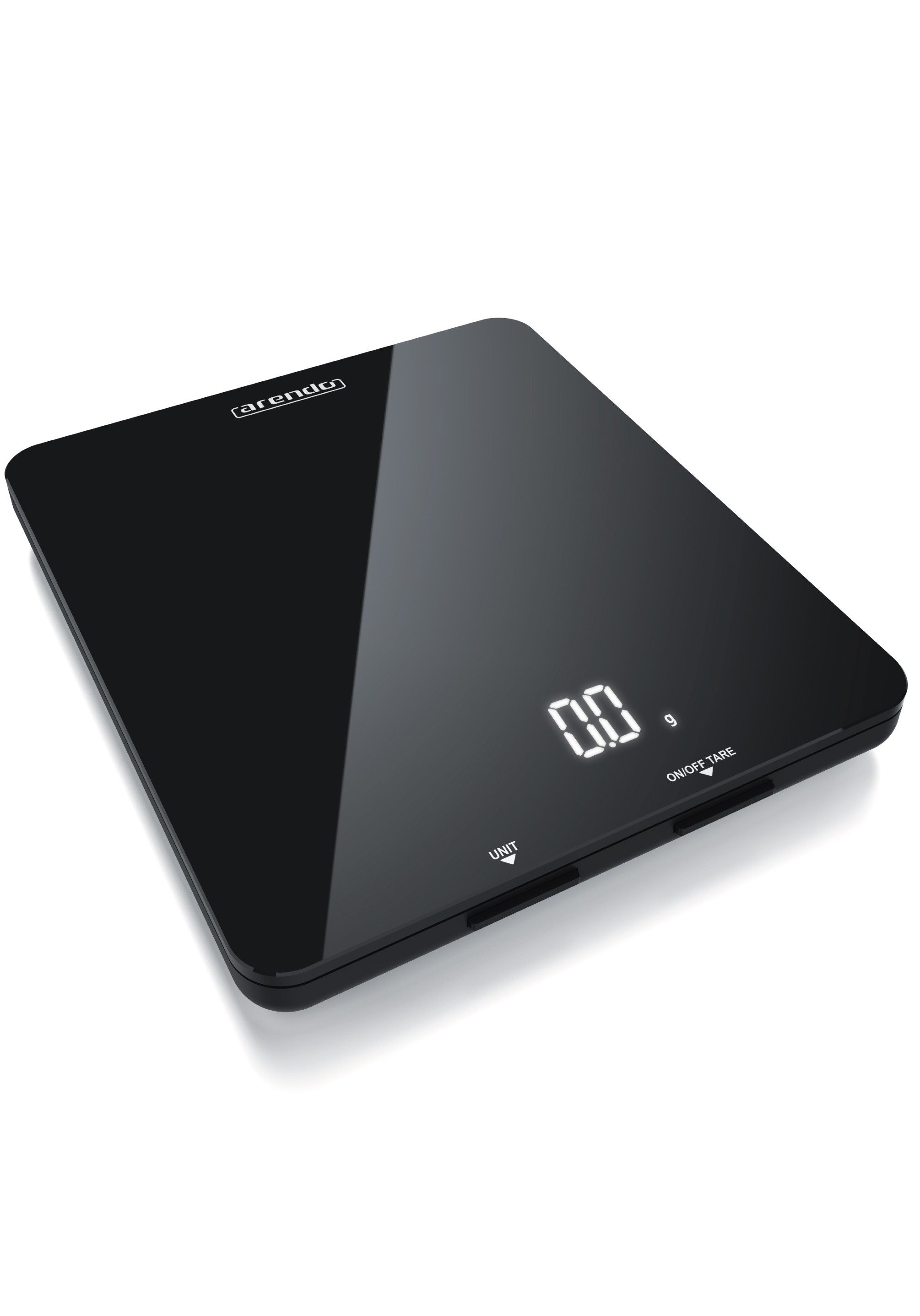 Arendo Küchenwaage digital mit Hochglanz Glasoberfläche, 19 x 16,5cm, LED Display, (1-tlg), 4mm Glas, Tara Zuwiegefunktion, Auto Off, bis 5000g 5kg, g/ml/oz/lb/fl