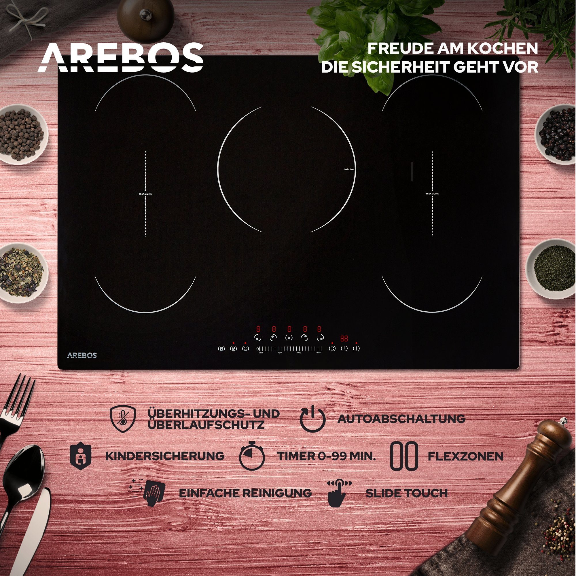 Arebos Flex-Induktions-Kochfeld AR-HE-IKF80 9800 W, 5 Kochfelder 2 Flexzonen, 77 cm, Autark, mit Sensor Touch, Timer, Kindersicherung, Überhitzungsschutz