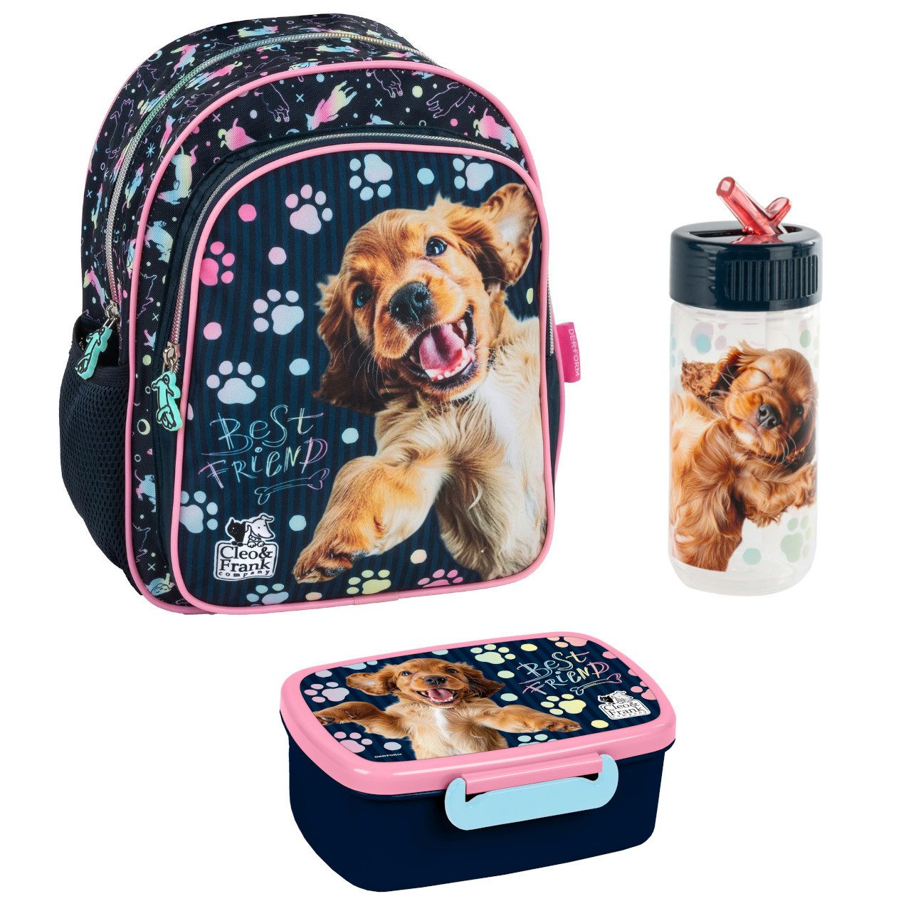 DERFORM Kindergartentasche Kindergarten Set Hund Kinder Rucksack Tasche Brotdose Trinkflasche (3-tlg)