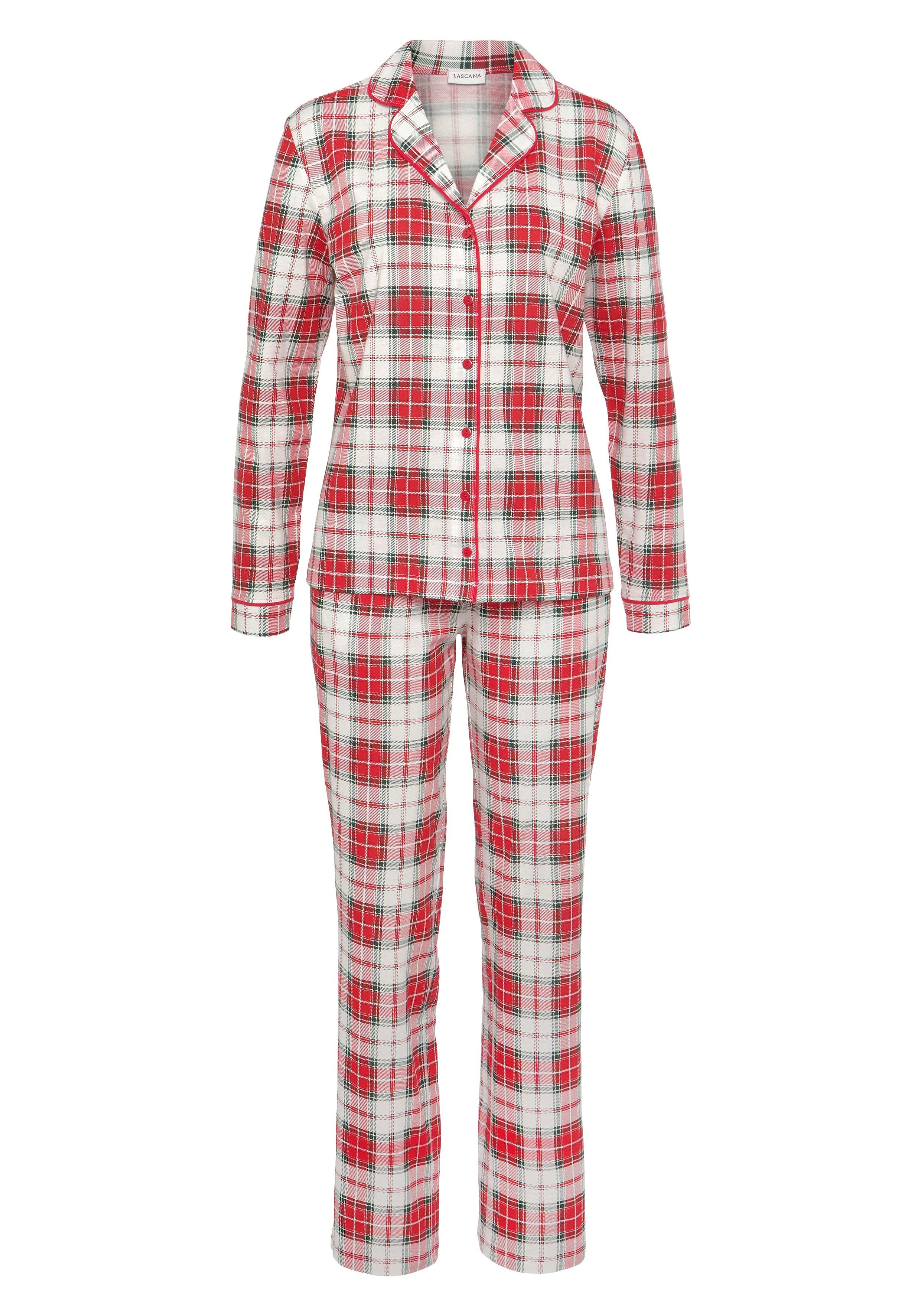 LASCANA Schlafanzug Schlafmaske) (3 weiß-rot tlg., Karodruck kariert incl. mit
