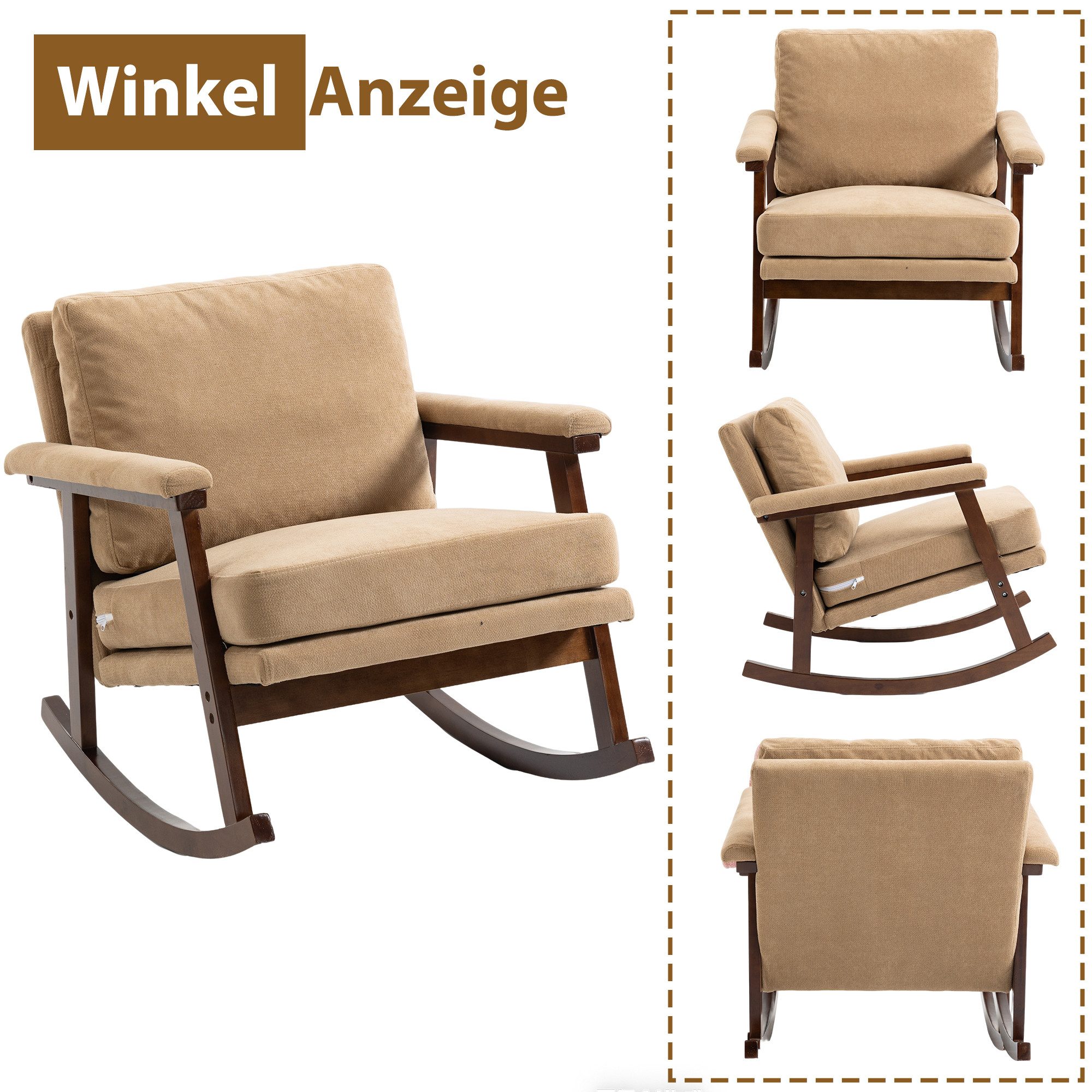 KLAM HOME Schaukelstuhl Mid-Century Schaukelstuhl mit Holzgestell und edlem Samtbezug (Komfortabler gepolsterter Lesesessel für Wohn- und Schlafzimmer), Stilvol – Bild 4 von 5