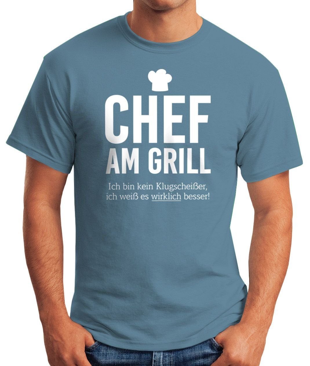 BBQ Fun-Shirt Ich MoonWorks Print-Shirt Chef Grill Klugscheißer, Moonworks® ich blau wirklich bin Spruch-Shirt am Print mit Grillen Tee Barbecue T-Shirt Herren weiß es kein besser