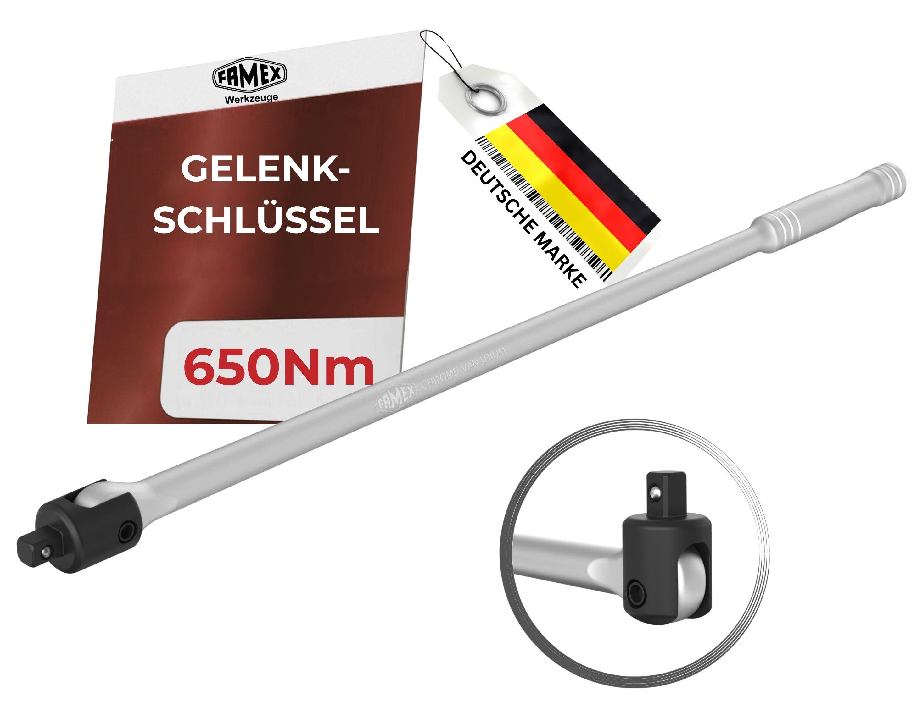 FAMEX Drehmomentschlüssel 10672 Spezial Gelenk-Drehgriff extra lang - 60cm, bis ca. 630 Nm