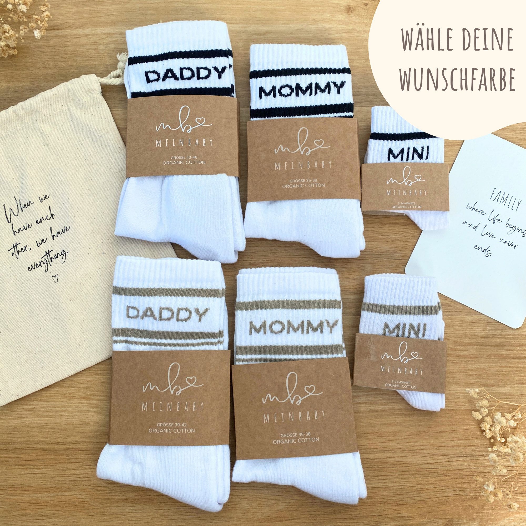 MeinBaby123® Tennissocken Geschenk Geburt Baby, Geschenkidee Schwangerschaft (Set, 1 Paar inkl. Baumwollsäckchen und Karte) Geschenk Neugeborenes, Mini,  Babyparty