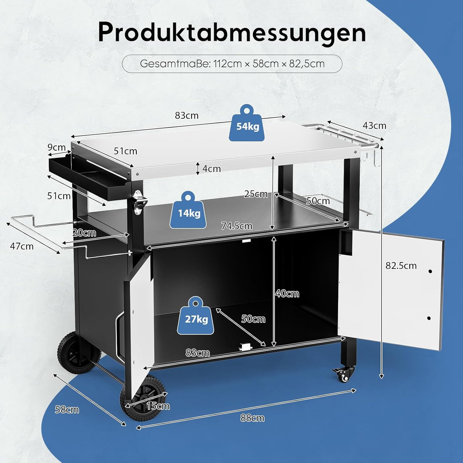 TLGREEN Grillablagetisch Edelstahl Servierwagen mit Tür, 4 Rollen (Mobiler Küchenwagen für Gewerbe & Garten, Grillwagen, Partywagen, Cateringwagen), Stabiler Lebensmittelwagen, Einfache Montage