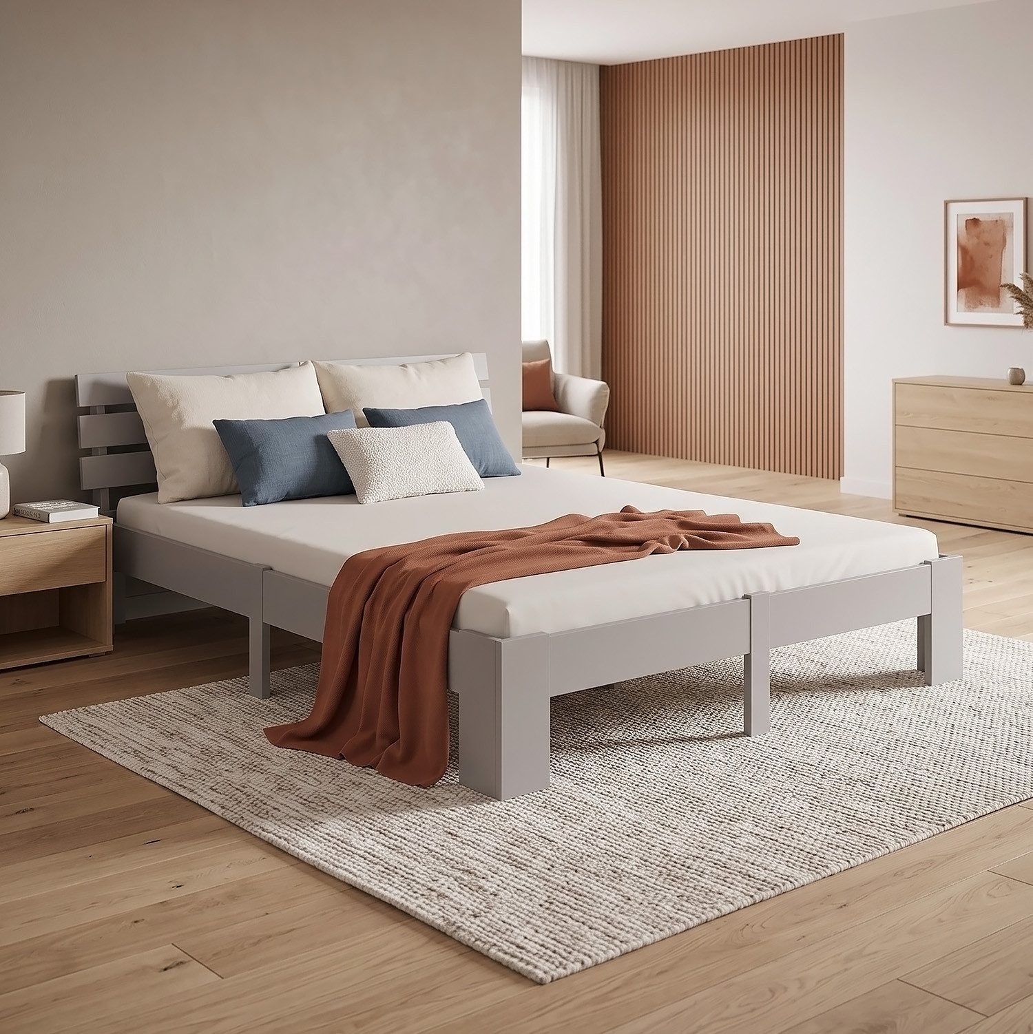 Homestyle4u Massivholzbett 90x200 120x200 140x200 160x200 180x200 Doppelbett Kopfteil Lattenrost (Set, mit Lattenrost, Grau), 160x200, modern, stabil