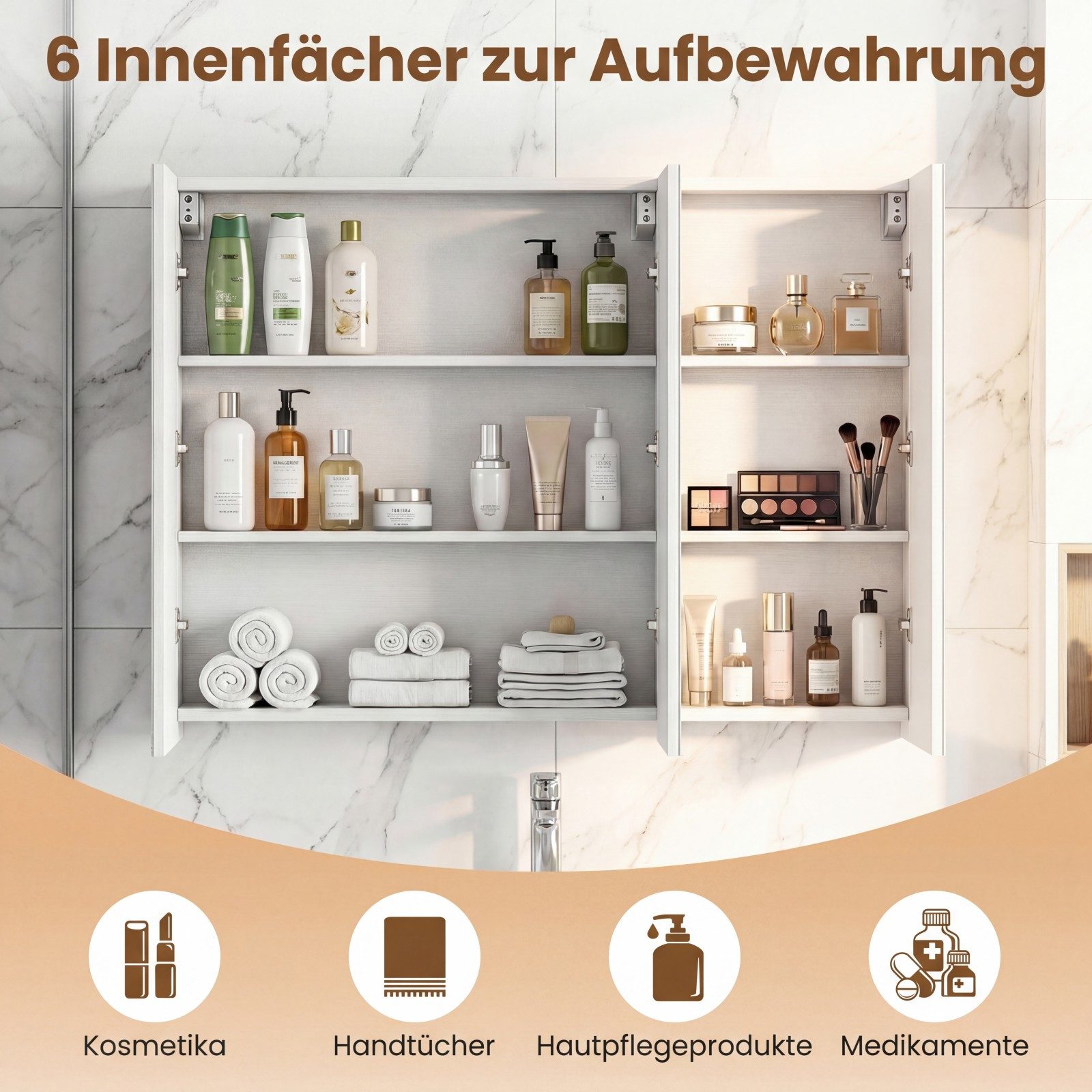 COSTWAY Spiegelschrank Bad Hängeschrank mit 3 Türen & 6 Fächern 87x65x12,5cm