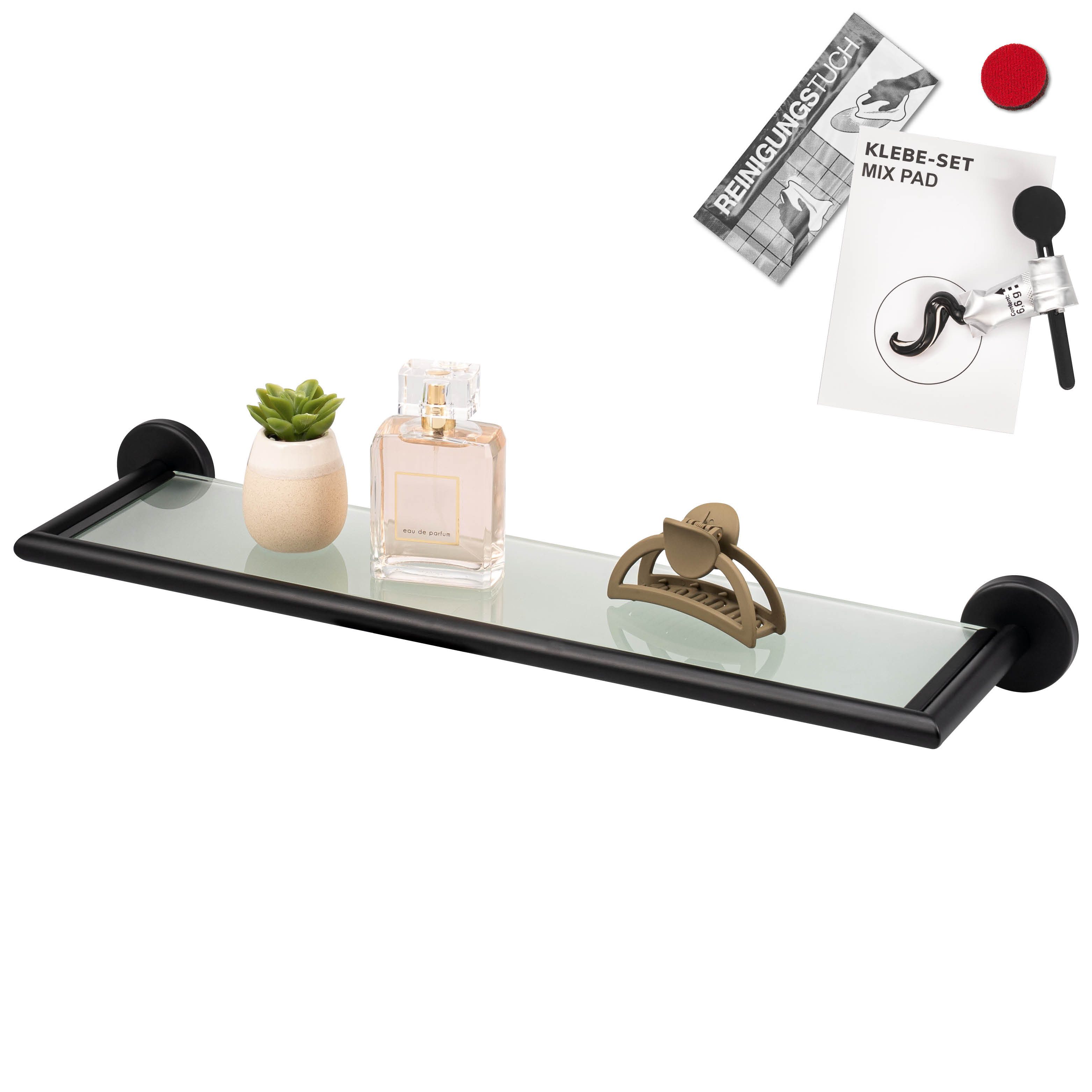 bremermann Wandregal Bad-Serie PIAZZA BLACK - aus Glas und Edelstahl matt schwarz, 1-tlg.