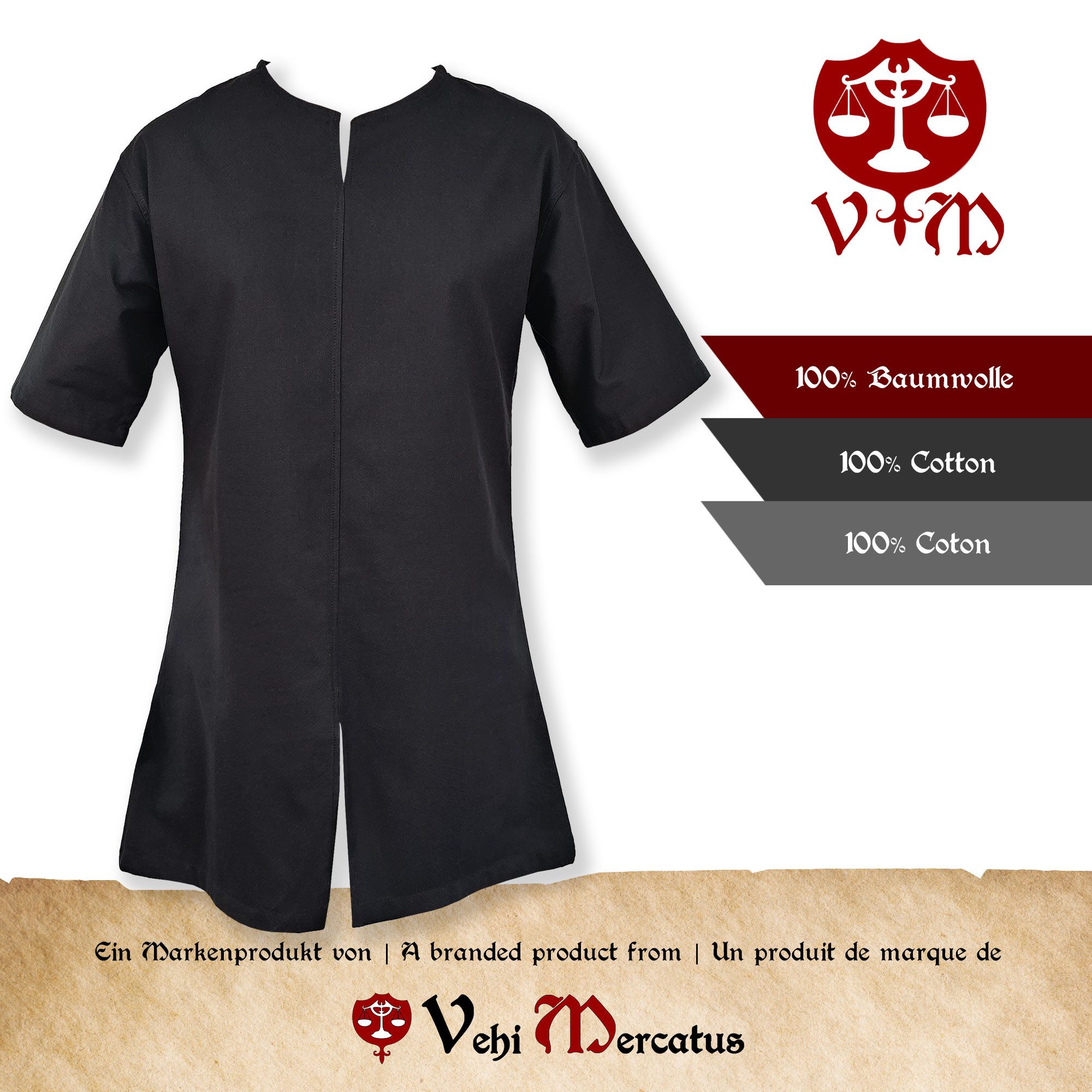 Vehi Mercatus Wikinger-Kostüm Schlichte Mittelalter Tunika kurzarm Schwarz "Njord"