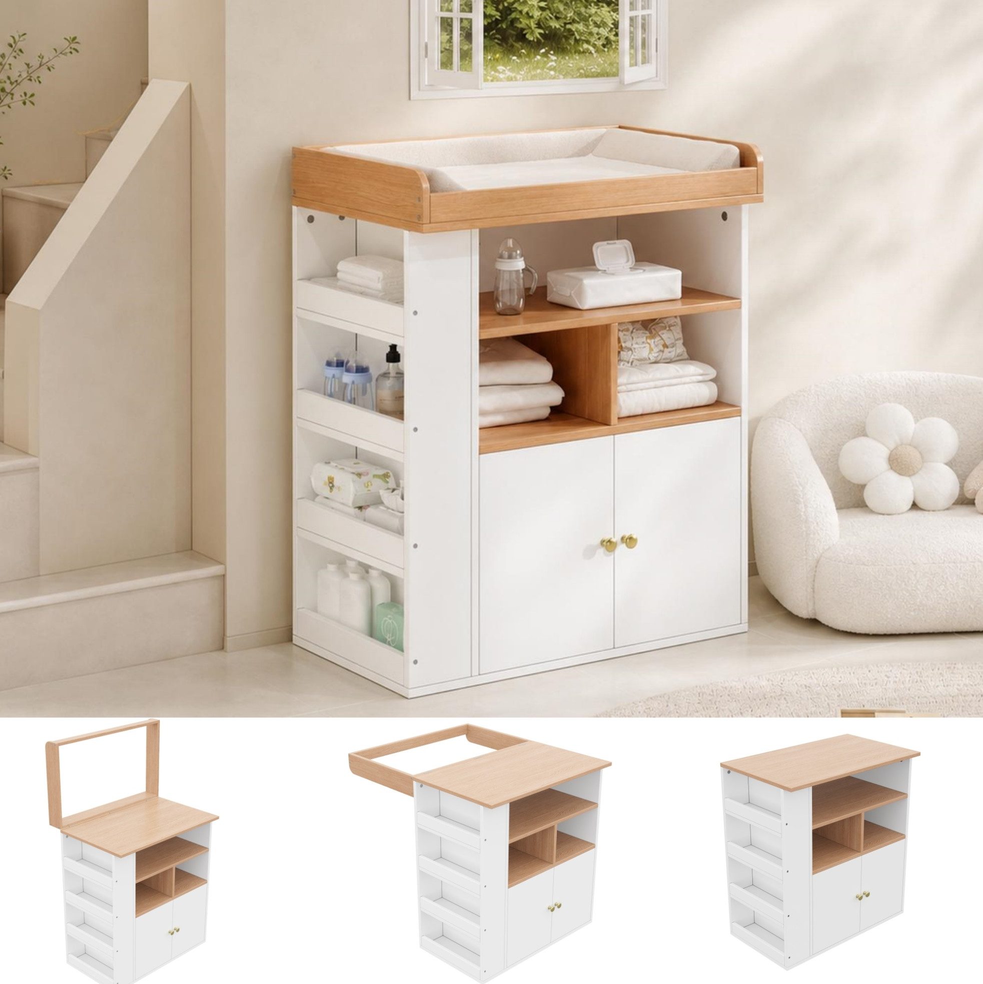 MODFU Wickelkommode Kompakter Wickeltisch mit Stauraum & Geländer, abnehmbarer Aufsatz, Schubladen, Weiß+Natur, 82×50×100 cm