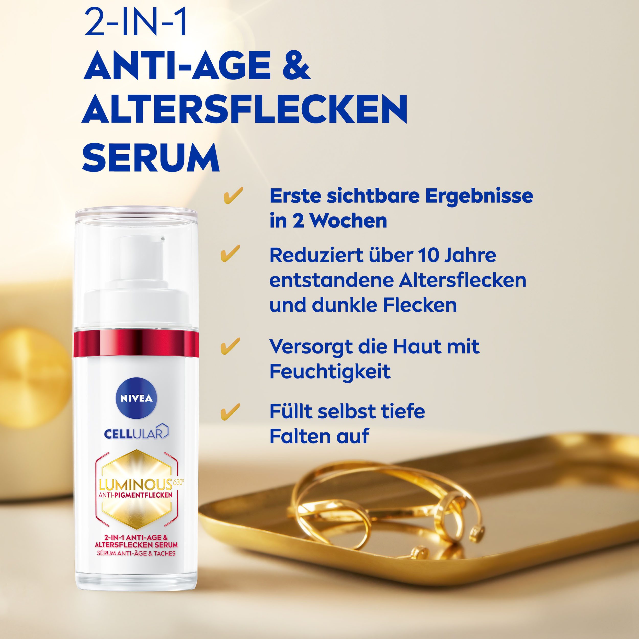 Nivea Gesichtsserum LUMINOUS630 ANTI-PIGMENTFLECKEN ANTI-AGE & ALTERSFLECKEN SERUM, Mit Kollagen-Booster, spendet Feuchtigkeit, füllt tiefe Falten auf.