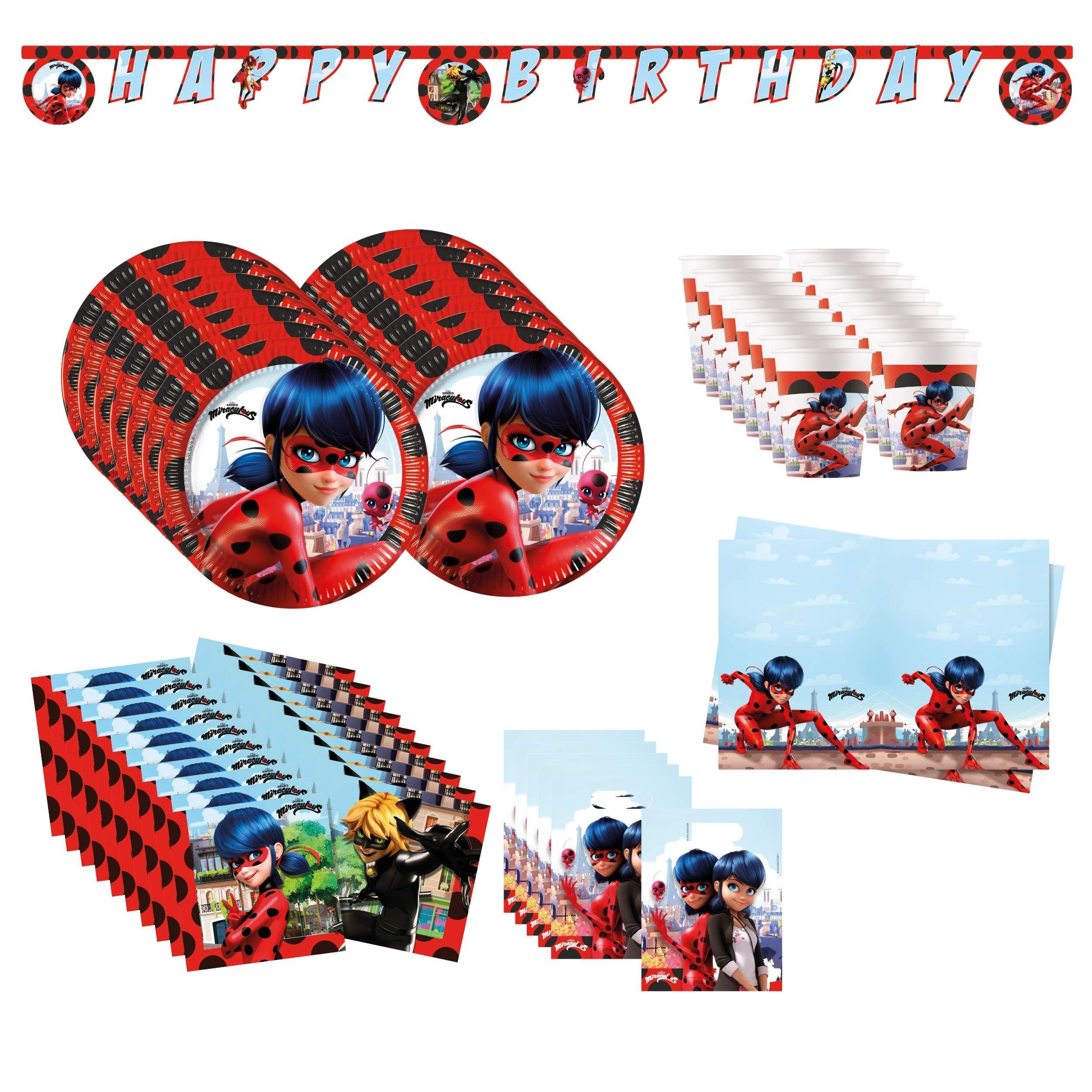 Procos Einweggeschirr-Set 60-tlg. Miraculous Ladybug Party Set für Kindergeburtstag, 16 Personen