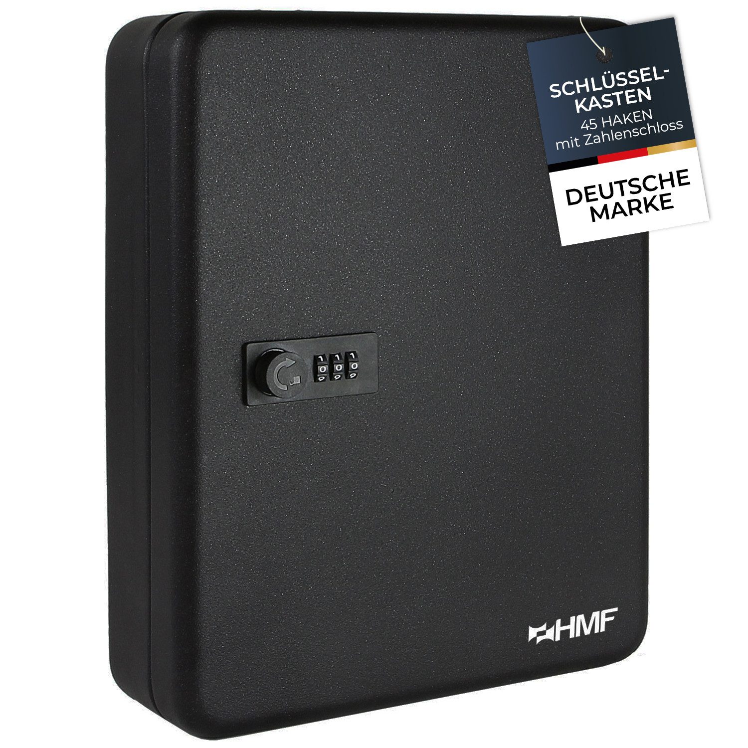HMF Schlüsselkasten Schlüsselkasten mit 3er Zahlencode, 6 feste, nummerierte Hakenleisten, Schlüsselschrank 30 x 24 x 7,5 cm, Schwarz