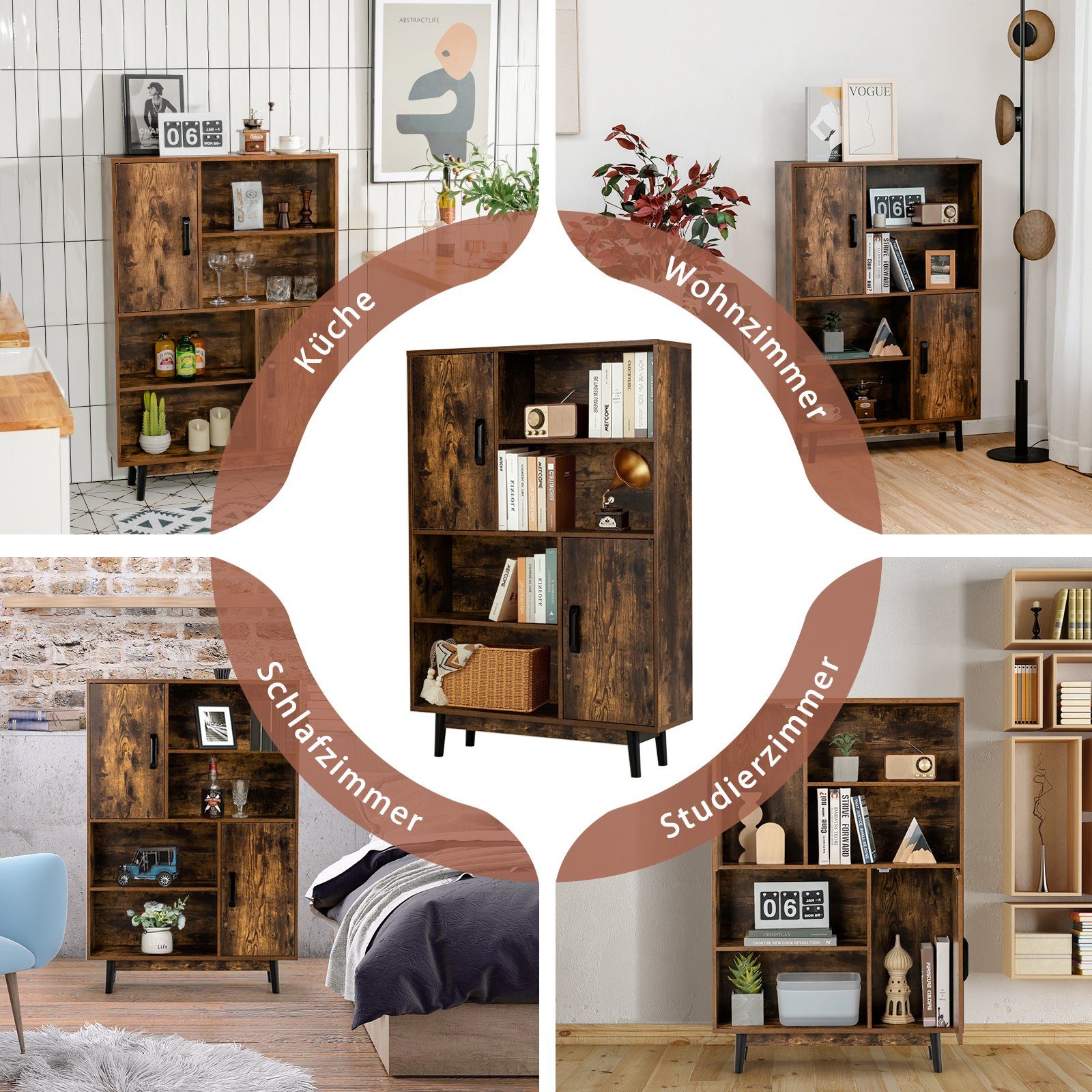 COSTWAY Bücherregal, mit 2 Türen Kaffee Holz, Regalen, 4 80x24x120cm & Kippsicherung