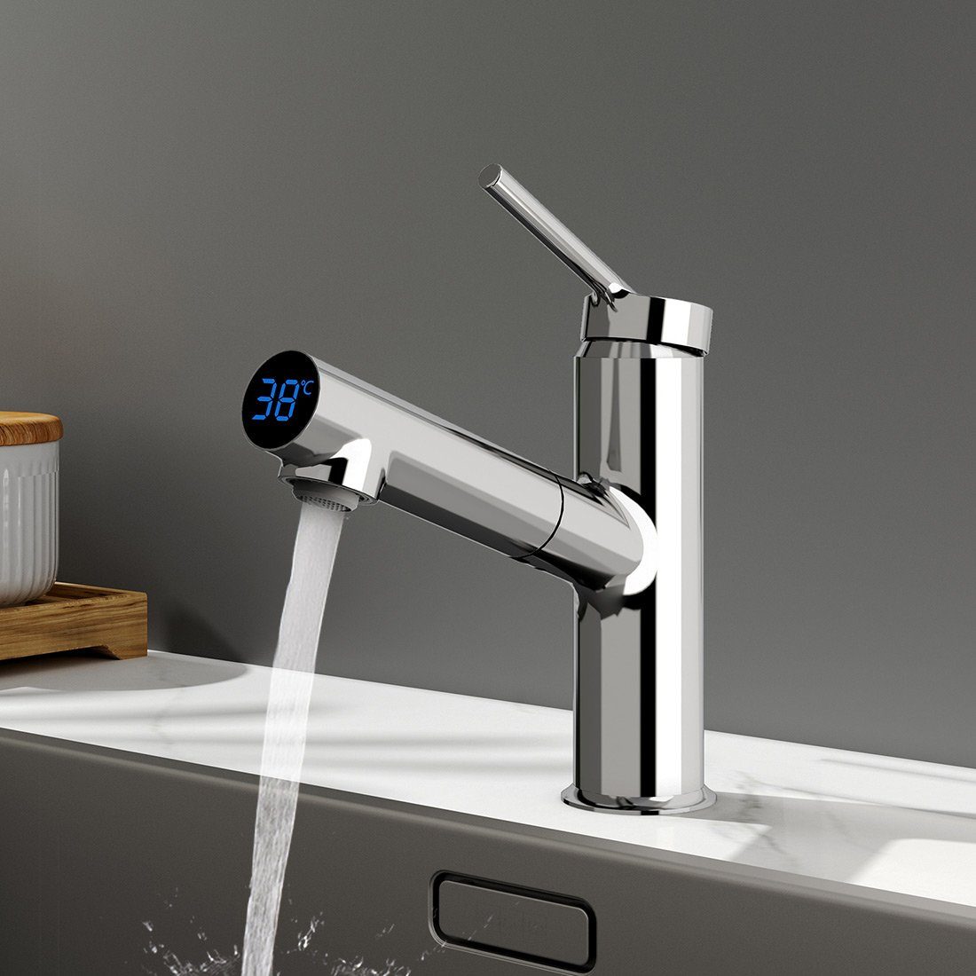 EMKE Küchenarmatur Wasserhahn mit Temperaturanzeige Edelstahl Küchenarmatur LED-Display,60 cm Schlauch,Höhe 19.1cm
