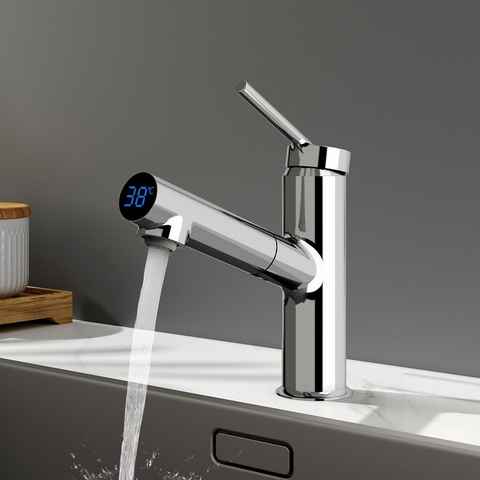 EMKE Küchenarmatur Wasserhahn mit Temperaturanzeige Edelstahl Küchenarmatur LED-Display,60 cm Schlauch,Höhe 19.1cm