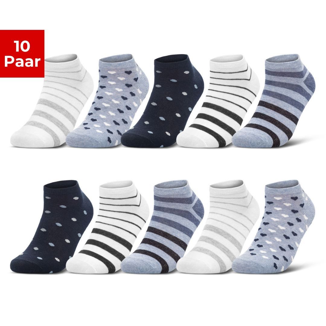sockenkauf24 Sneakersocken 10 Paar Damen Sneaker Socken Mehrfarbig (35-38, 36832) Streifen Punkte Herzen Maritim Baumwolle WP