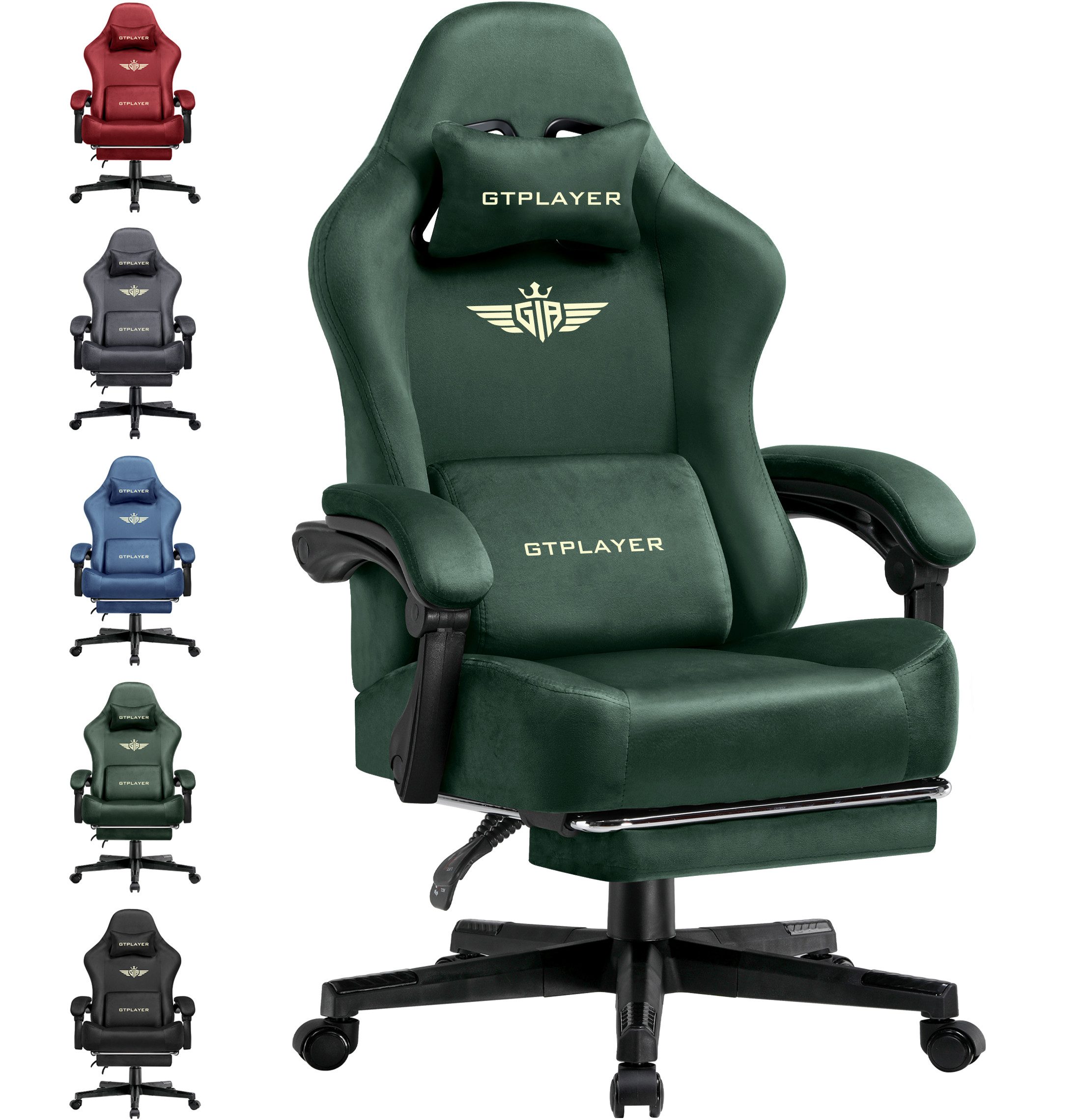 GTPLAYER Gaming-Stuhl Stoff/Kunstleder mit Taschenfederkissen großer Gamer Stuhl, 150KG (Gaming Chair mit hoher Rückenlehne und Fußstütze), Bürostuhl Gaming Sessel Gepolstert für Jugendliche und Erwachsene