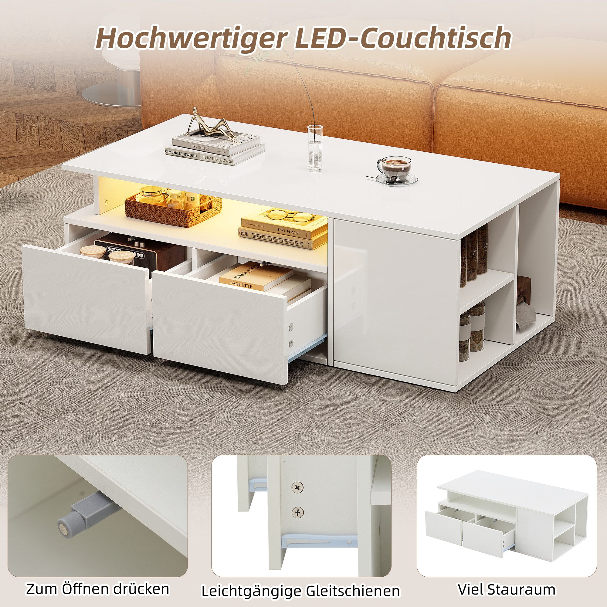 Merax Couchtisch hochglanz Sofatisch Beistelltisch mit LED-Beleuchtung (App-gesteuerter Beleuchtung, 1-St., 100x50x35cm), Beistelltisch Wohnzimmertisch mit 2 Schubladen und 9 Ablagefächern