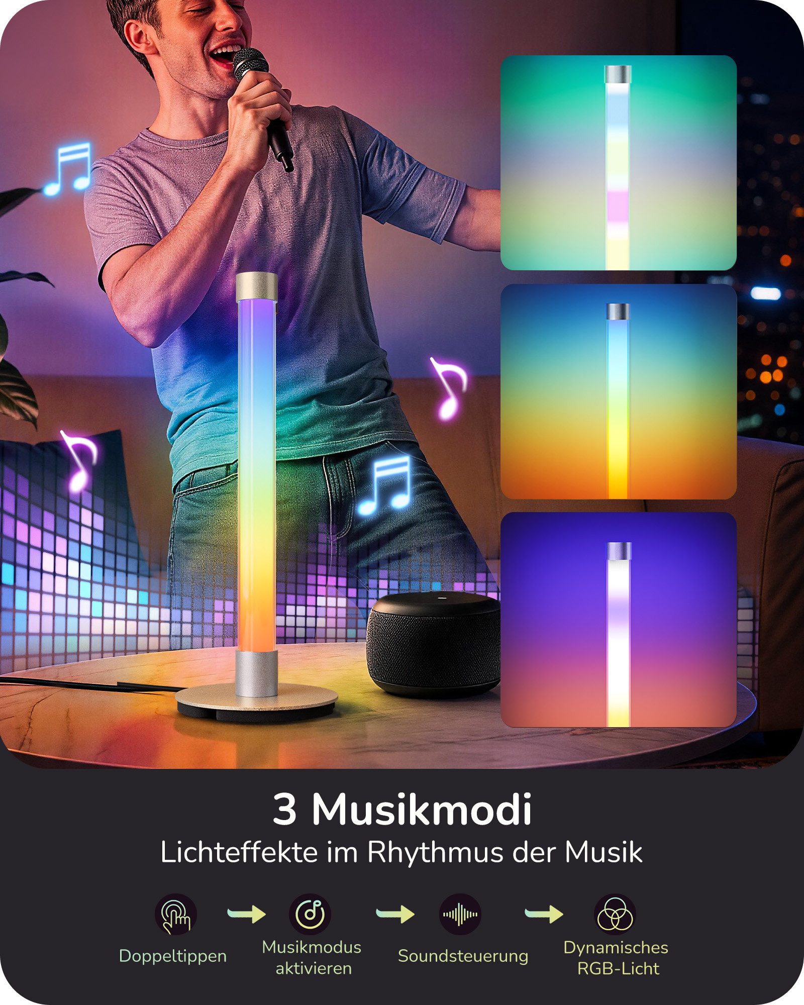 EDISHINE LED Nachttischlampe EDISHINE LED Tischlampe, RGB & Warmweiß, Musik Sync, mit Fernbedienung, LED fest integriert, 7 RGB‑Modi, 3 Musikmodi, Moderne Ambientebeleuchtung für Gaming