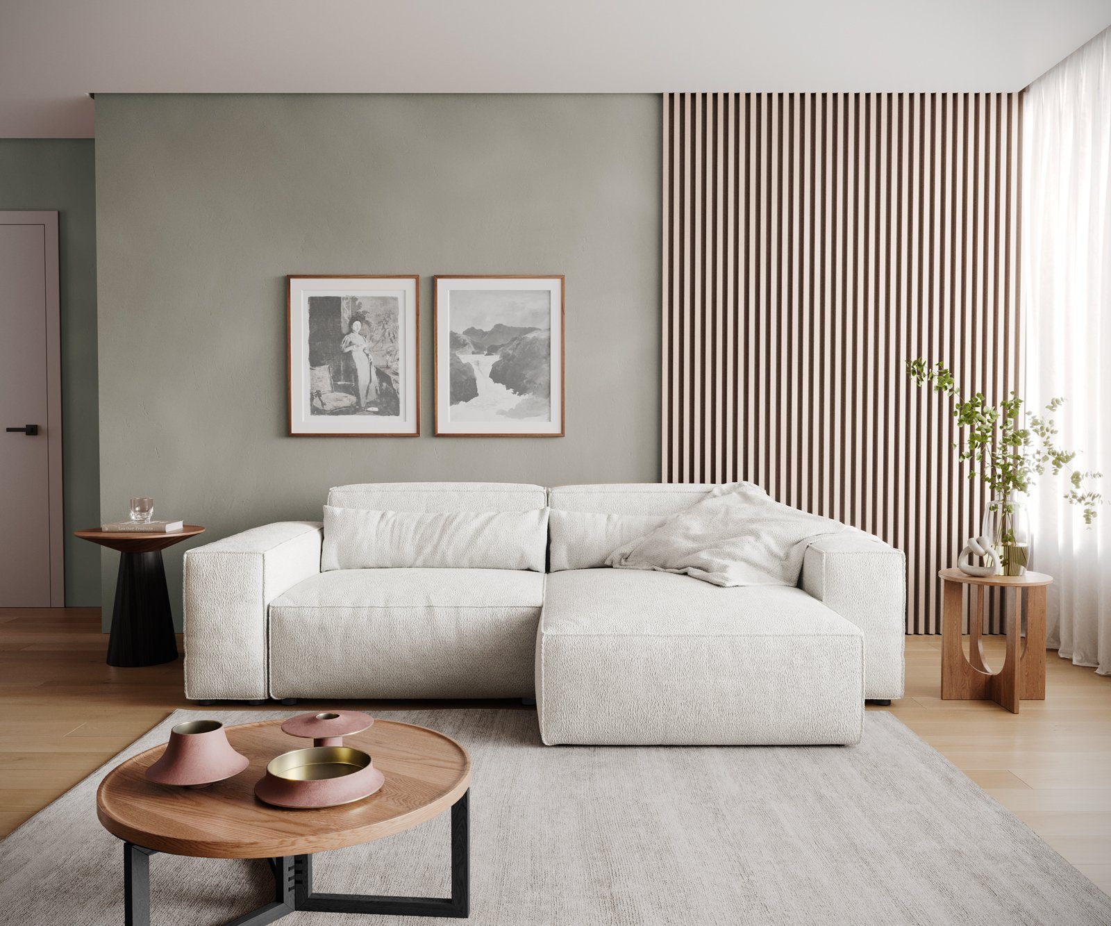 DELIFE Ecksofa Sirpio, Bouclé Creme-Weiß 230x155 cm Recamiere variabel günstig online kaufen