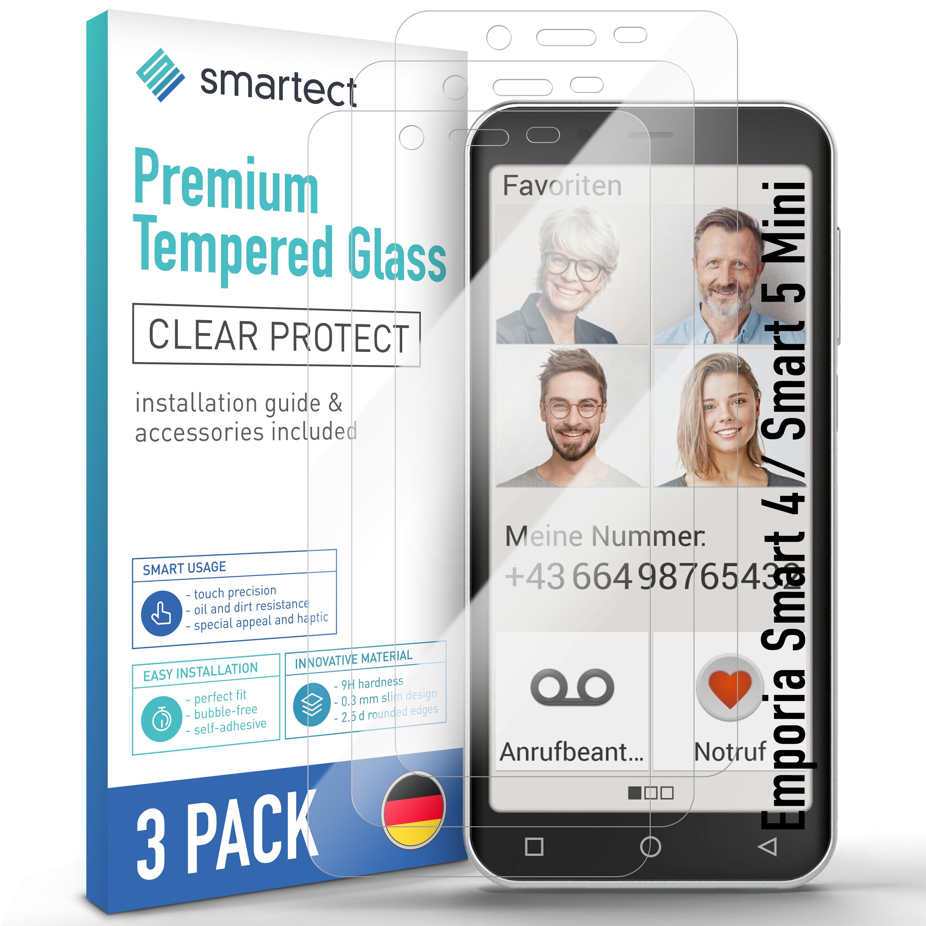 smartect Displayschutzglas 3X Schutzglas Panzerfolie Klar für Emporia Smart 4 / 5 Mini für Emporia Smart 4 / 5 Mini, Set, 3 Stück, 0.3 mm Ultra-klar, 9H Härte, Kratzfest, Stoßfest, Blasenfrei, Oleophob