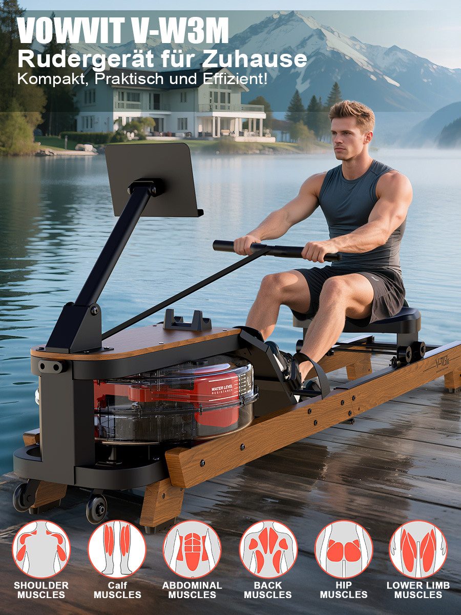 VOWVIT Rudergerät Holz-Rudergerät aus Eiche, Klappbar & Wasserruder-System (1-tlg), mit Tablet-Halterung, App-Steuerung & bis 180 kg belastbar