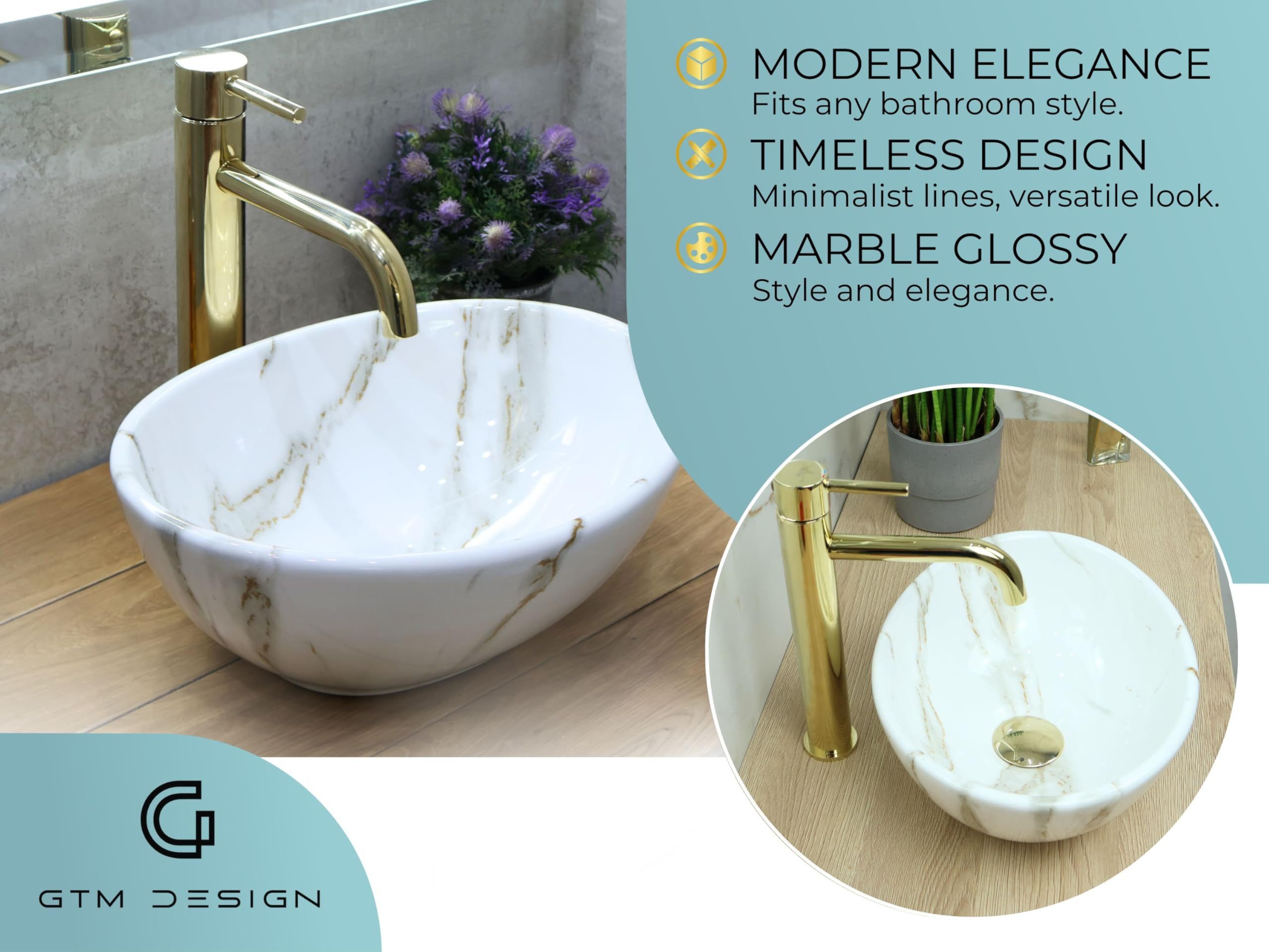 GTM Design Aufsatzwaschbecken Modern Waschbecken ohne Hahnloch Elegant Aufsatzwaschbecken Oval