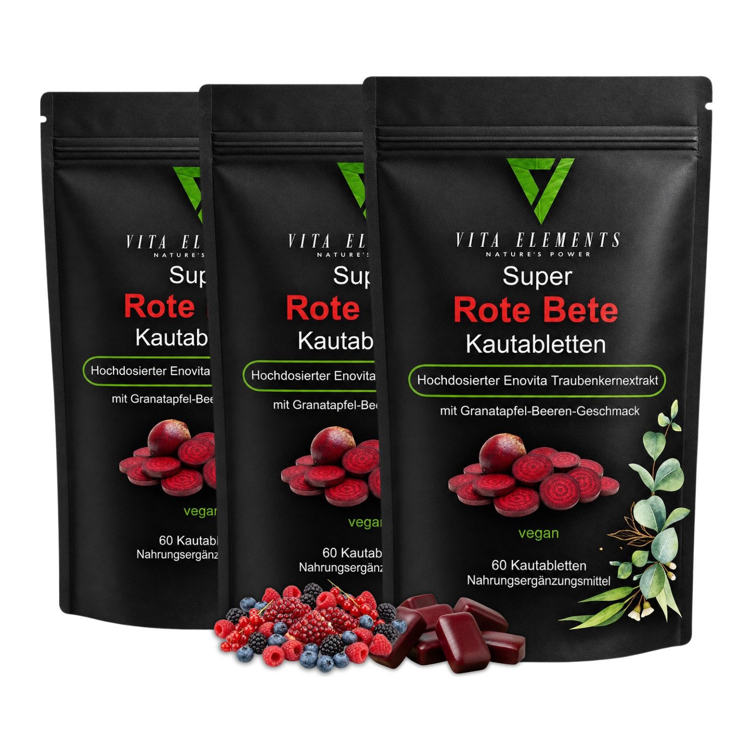 Vita Elements Super Rote Bete Kautabs - Mit Enovita Traubenkernextrakt, 180 Kautabletten, 3 er Spar-Set à 60 St., Granatapfel-Beeren-Geschmack, Vegan, Gentechnikfrei und Laborgeprüft