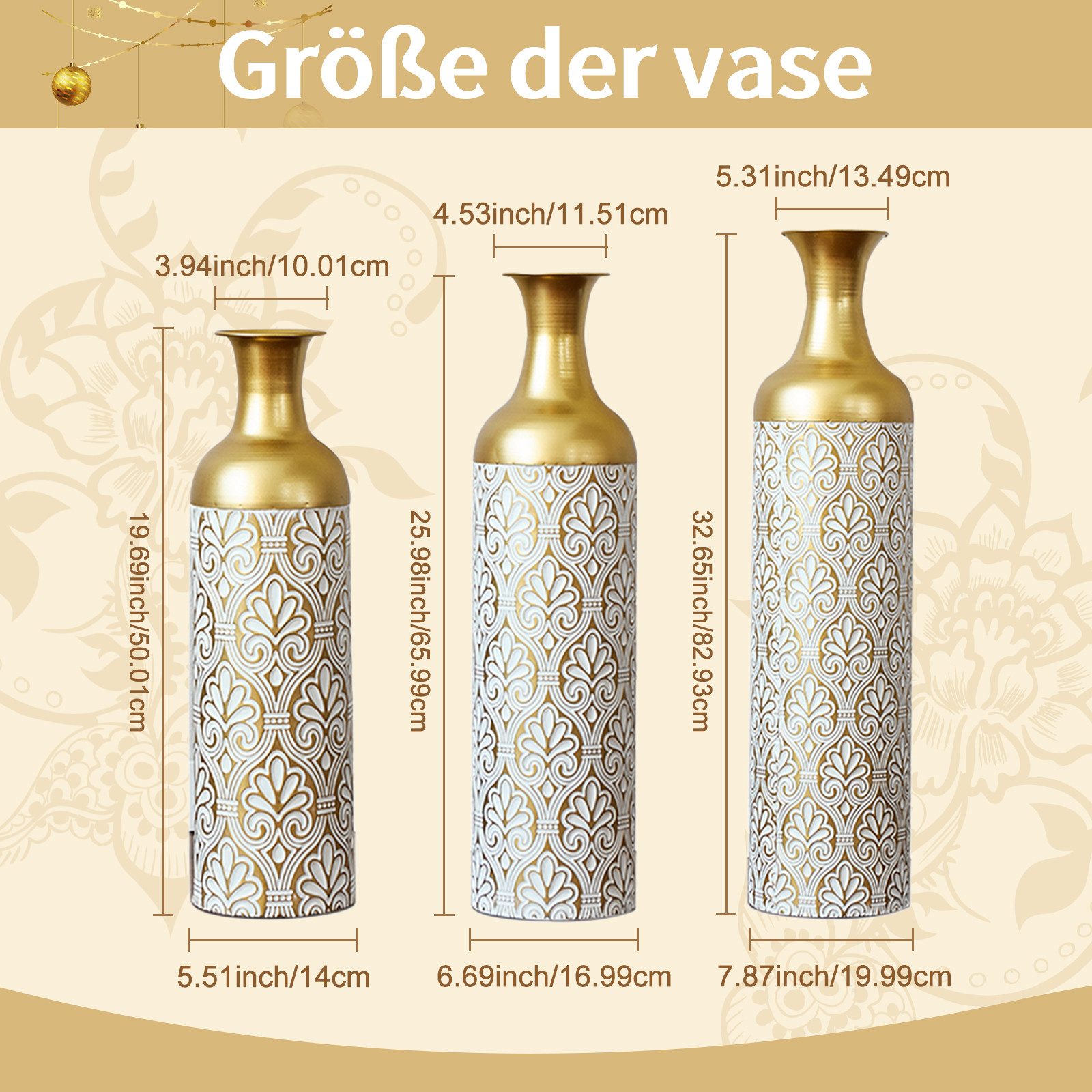 LVHOM Dekovase Bodenvase, Tischvase, 3 tlg. Geometrisches Metall-Vasen-Set, Gold (drei Höhen (50 cm, 66 cm, 83 cm), Handgefertigt aus Metall. Langlebig & makellos. Exklusiv für Trockenblumen/Pampas & Stil, Ideal als Raumteiler, Pflanzübertopf, Solitärobjekt kreativ gestapelt)